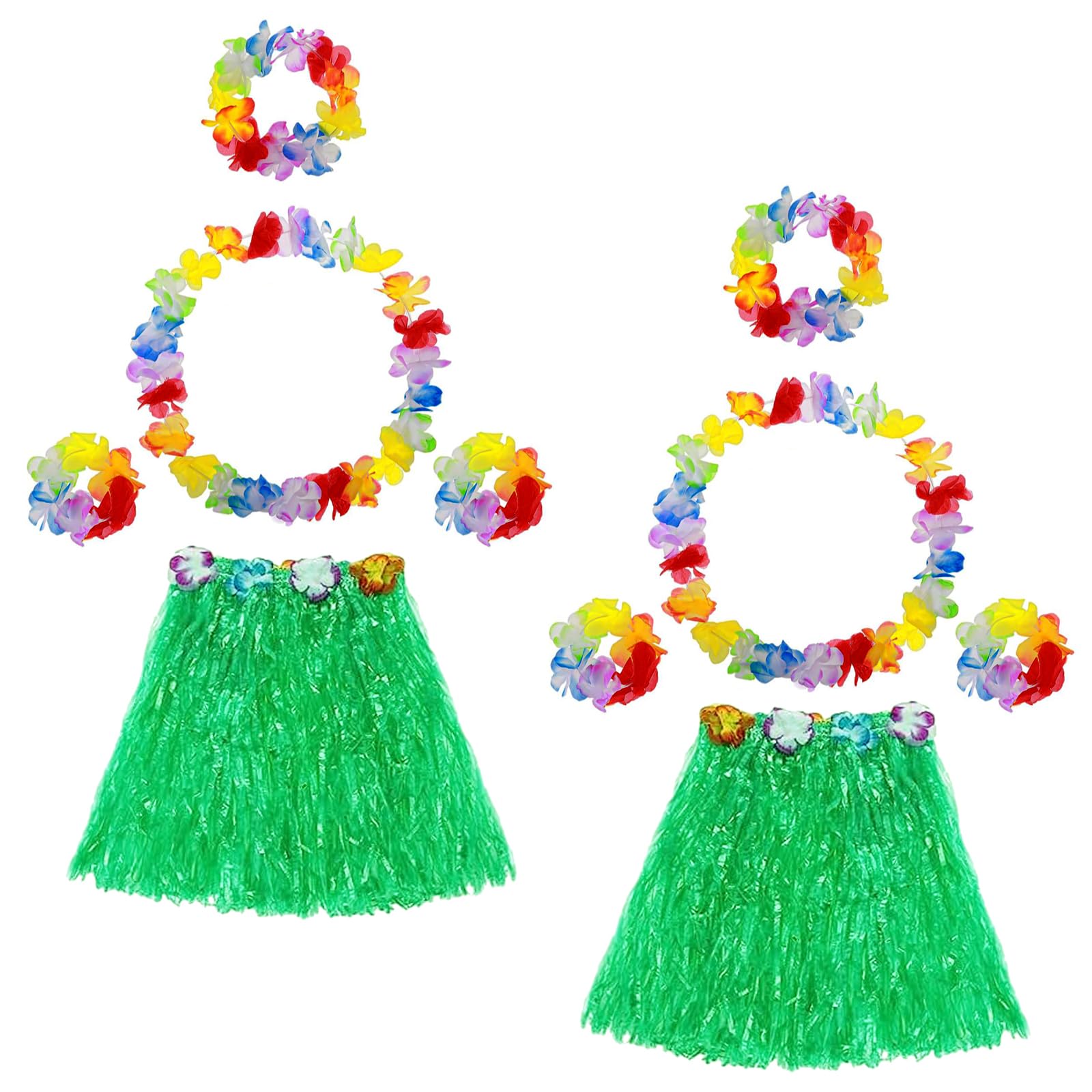 2 Sets Hawaiian Fancy Dress, Include Grass Skirts & Head Garland & Hand Garlands & Necklack, Hawaiian Party Decorations for Adults and Kids, Tropical Moana Hula Costume for Women, Party Supplies Green