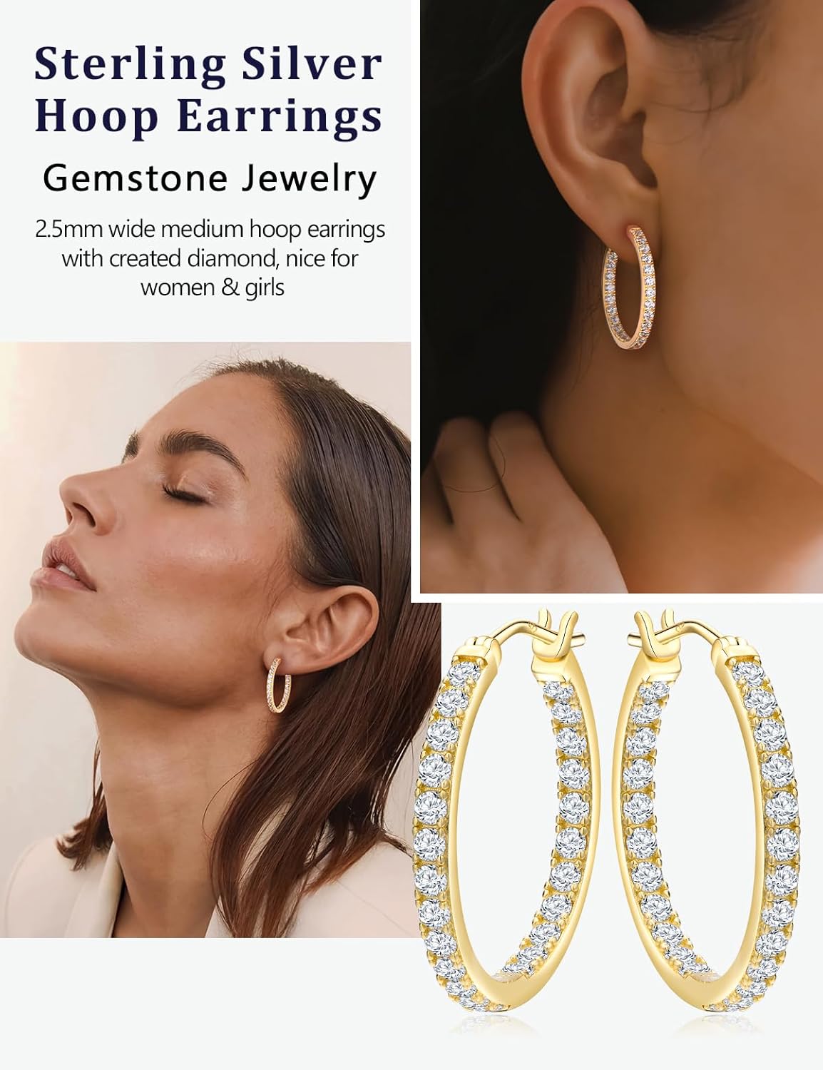 925 Sterling Silver/14K Gold Plated Hoop Earrings for Women Sensitive Ears Cubic Zirconia Cz Earrings Lab Diamond Wedding Earring Huggie Hoops 26/20/15mm - Image 3