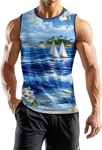 Mens Beach Tank Tops Sleeveless Hawaiian Shirts for Men Summer Palm Tree Graphic Workout Gym Tshirts