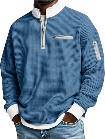 Mens Waffle Sweatshirts Long Sleeve Textured Quarter Zip Pullover Tops Stand Up Collar Cable Knitted Vintage T-Shirt