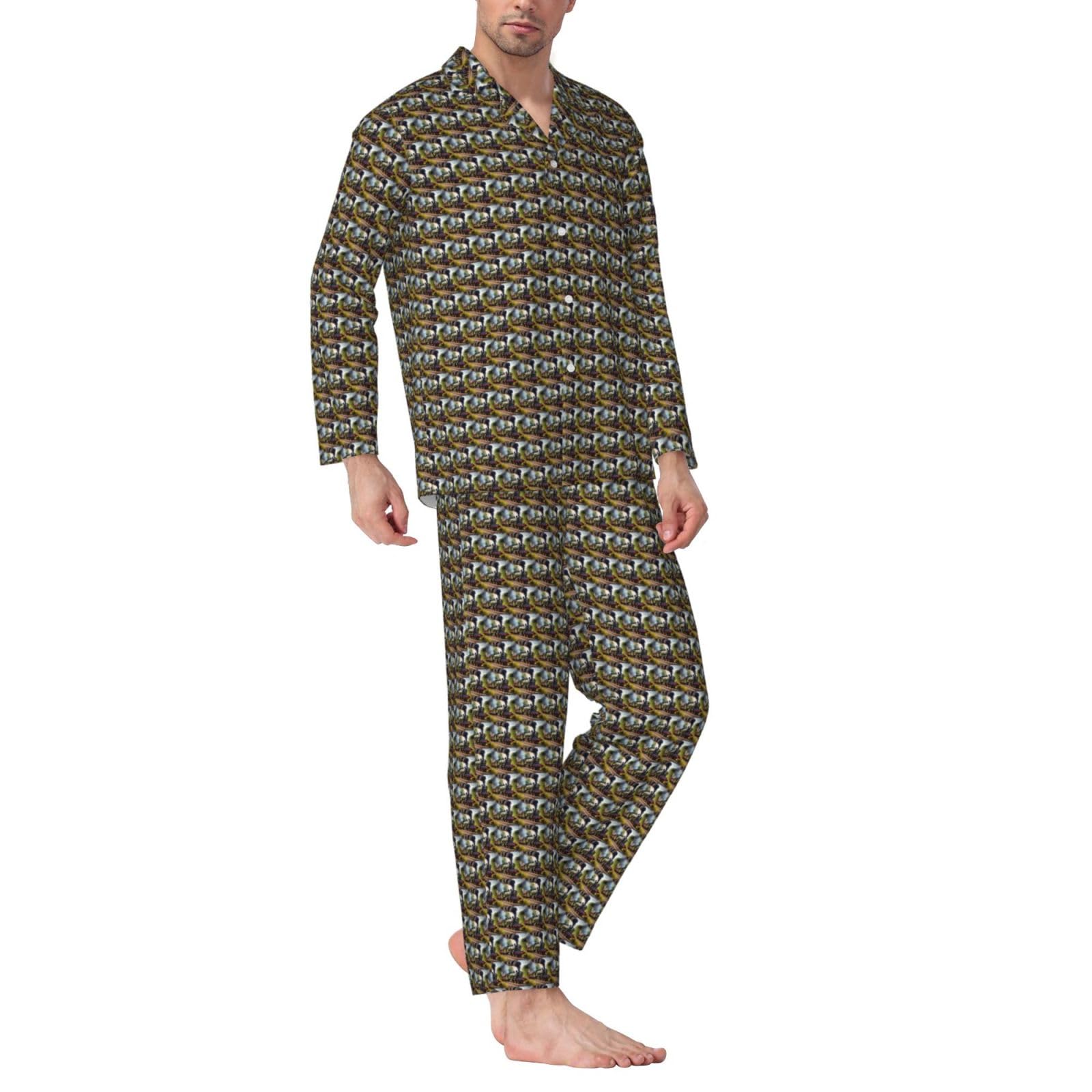 Steam Little Train - Conjunto de pijama de manga larga para hombre, de dos piezas, transpirable, cómodo