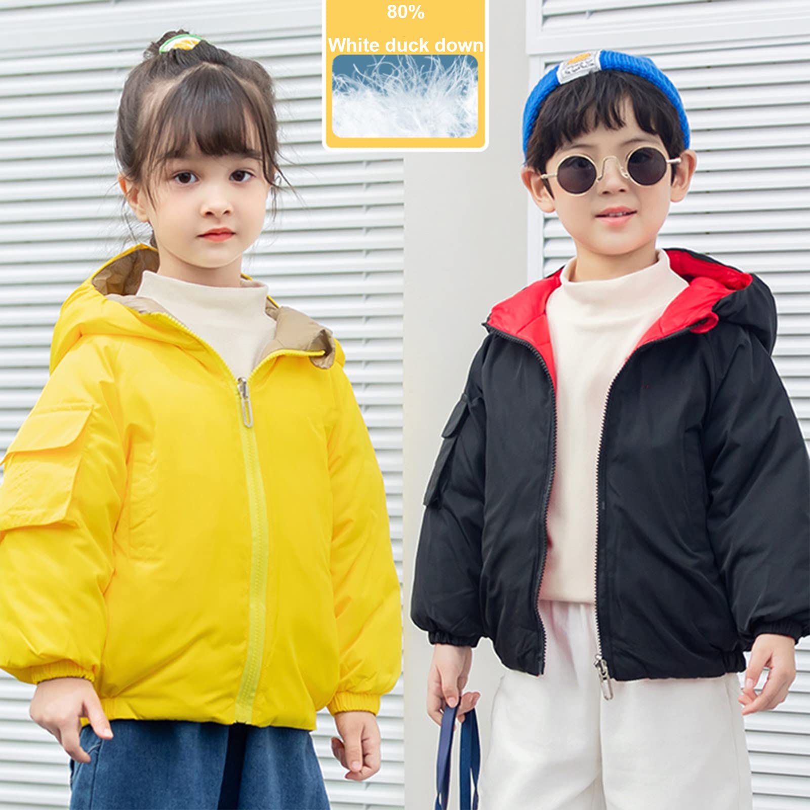 Piumino Double-Face Ispessito per Bambini Inverno Ragazzi e Ragazze Piumino Bianco con Cappuccio Invernale Capispalla Caldo Antivento,Black,11(110CM19KG)