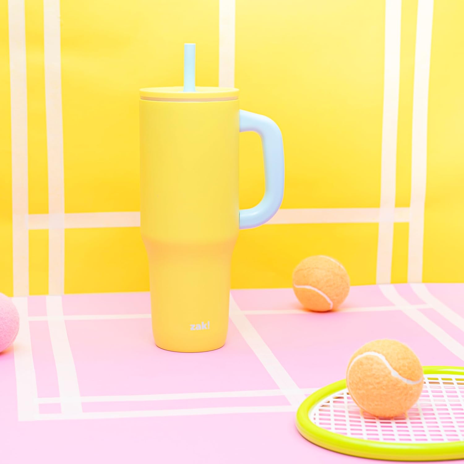 Zak Designs Sutton Travel Tumbler for On the Go, 40oz Stainless Steel with Vacuum Insulation, Silicone Straw, and Carry Handle for Cold Drinks (Sunflower Yellow) - Image 2