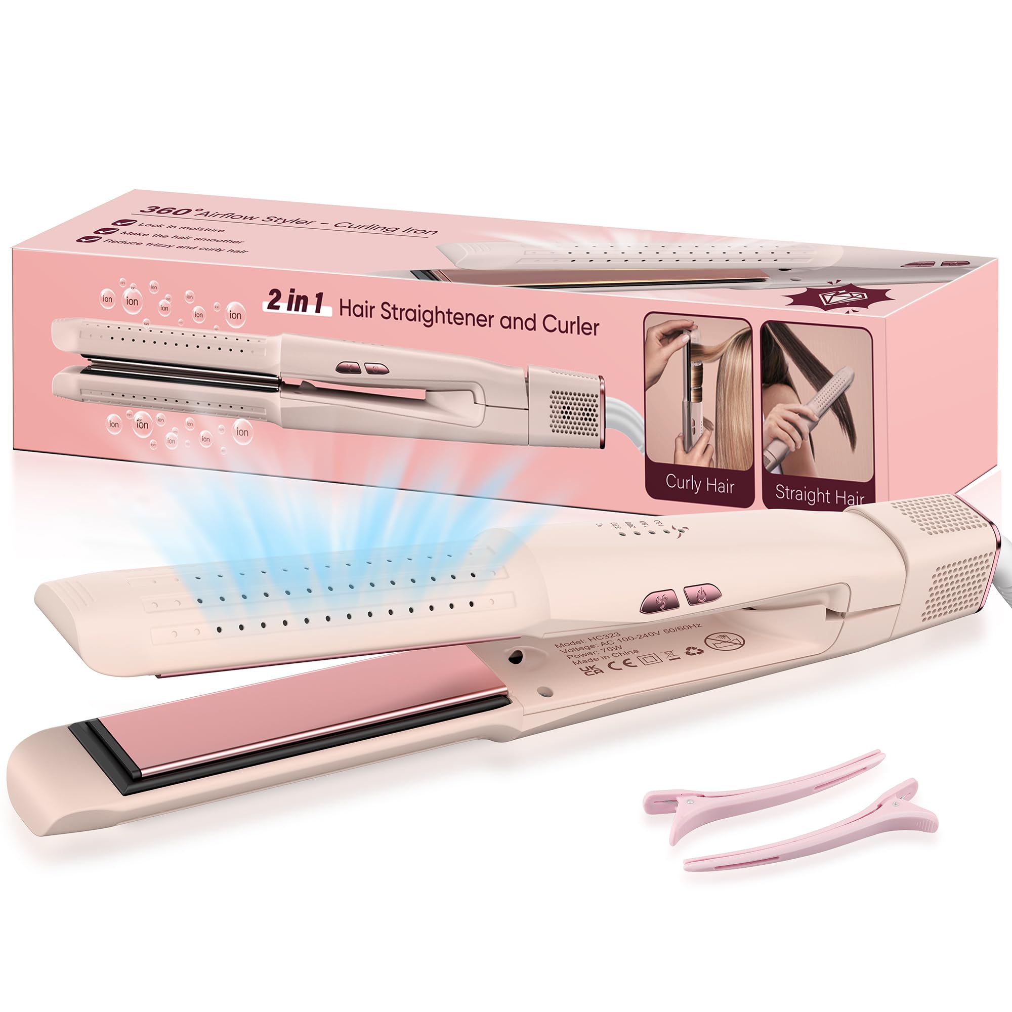 2 in 1 Glätteisen locken und glätten，Haarglätter Lockenstab，4 Temperaturstufen (160°C-220°C),360°Kaltluftfunktion，Negativ-Ionen-Beschichtung,für alle Haartypen，stärkeres Haar, mehr Glanz