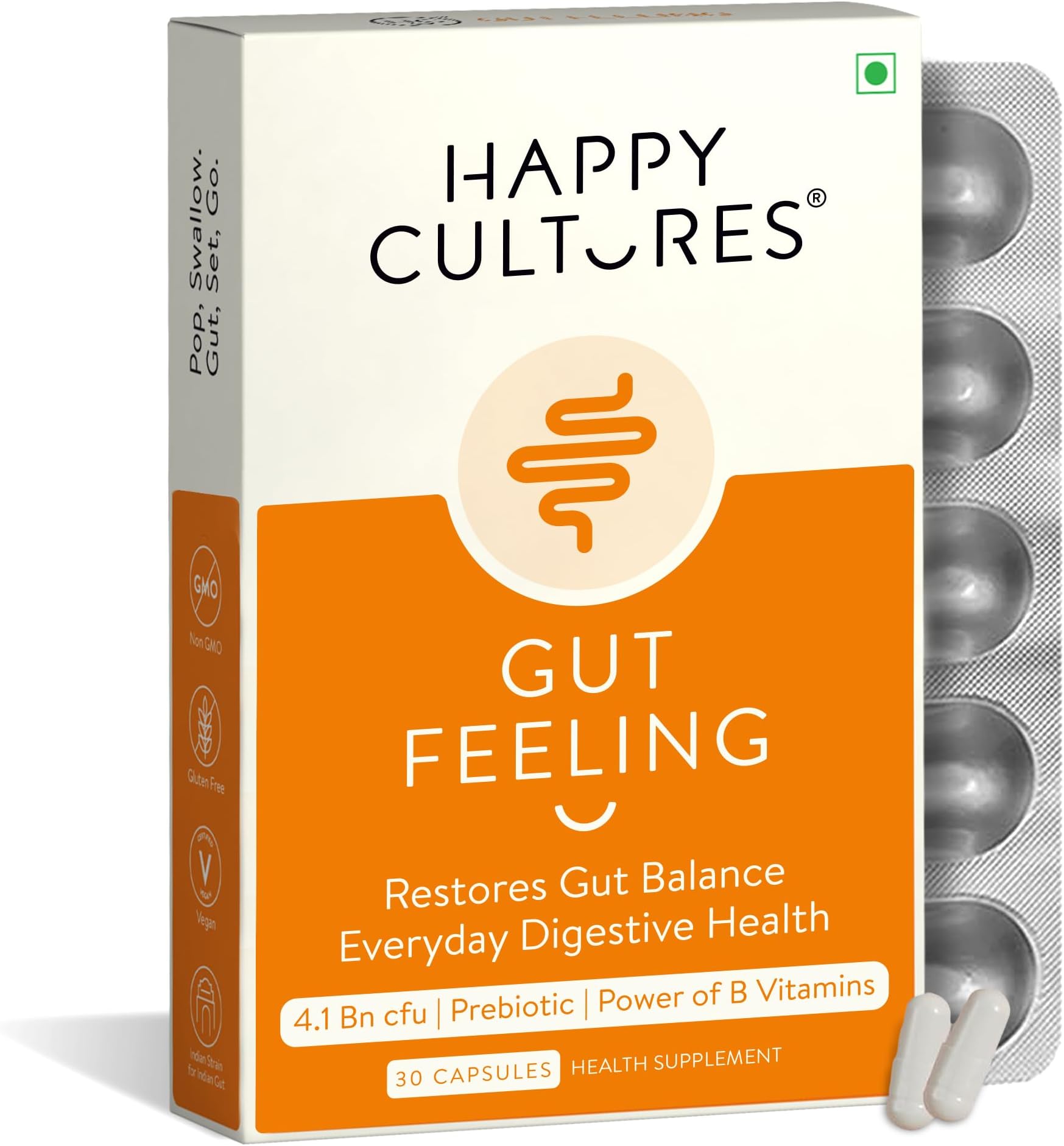 VELBIOM Happy Cultures Gut Feeling Digestion Supplement| Unique Blend Of Probiotics For Daily Digestive Health| B-Vitamins Gut Digestion |Clinically Tested For Men and Women - 30 Veg Capsules