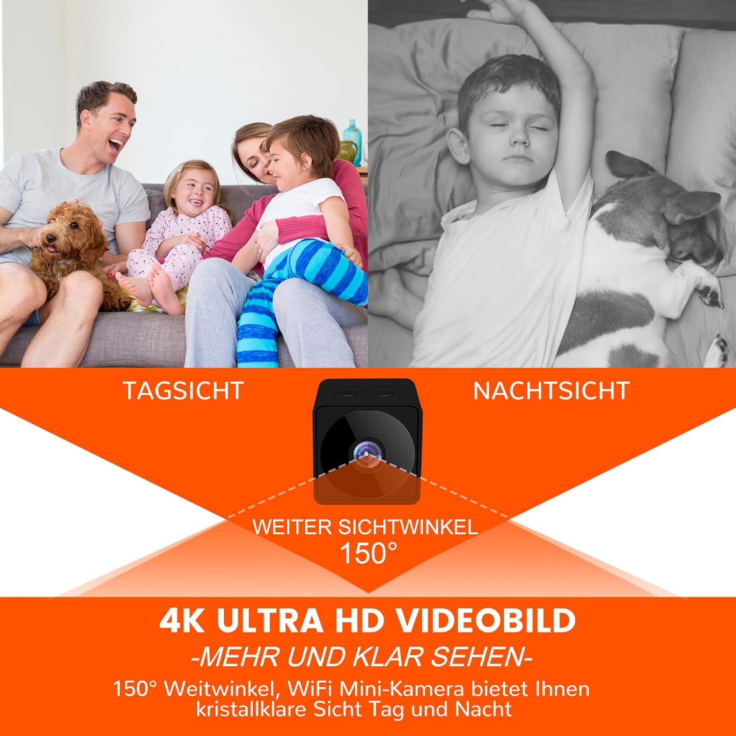 Comparison of day vision and night vision footage from the Bextgoo Q16-04 camera, highlighting 4K resolution and a 150-degree wide viewing angle.