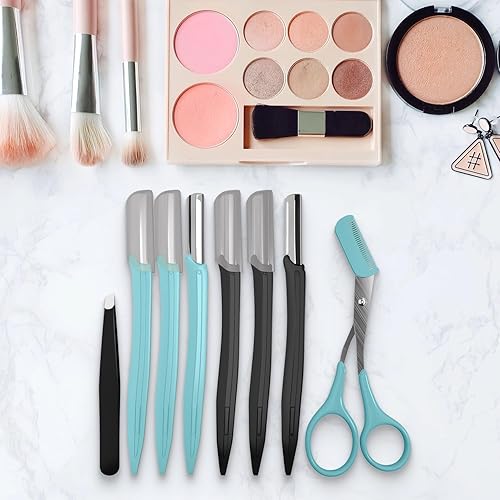 Miniatura 9 de Kit de 8 tijeras de cejas y afeitadora facial Dermaplaning, herramientas de precisión profesionales para piel suave, removedor de vello facial,