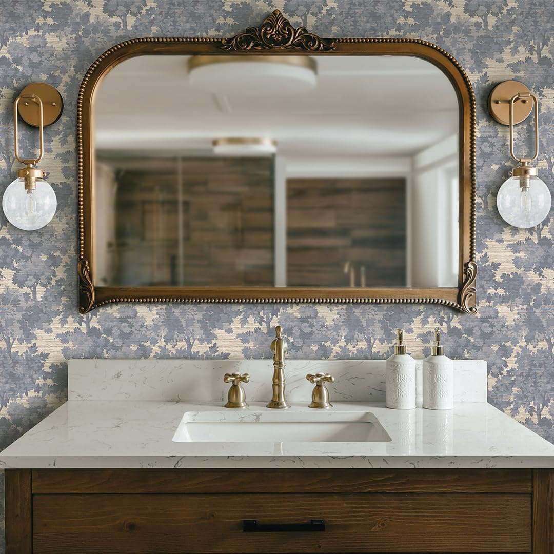 Tempaper Textured Blue Canopy Toile Faux Grasscloth Removable Peel and Stick Wallpaper, 20.5 in X 16.5 ft, Made in The USA