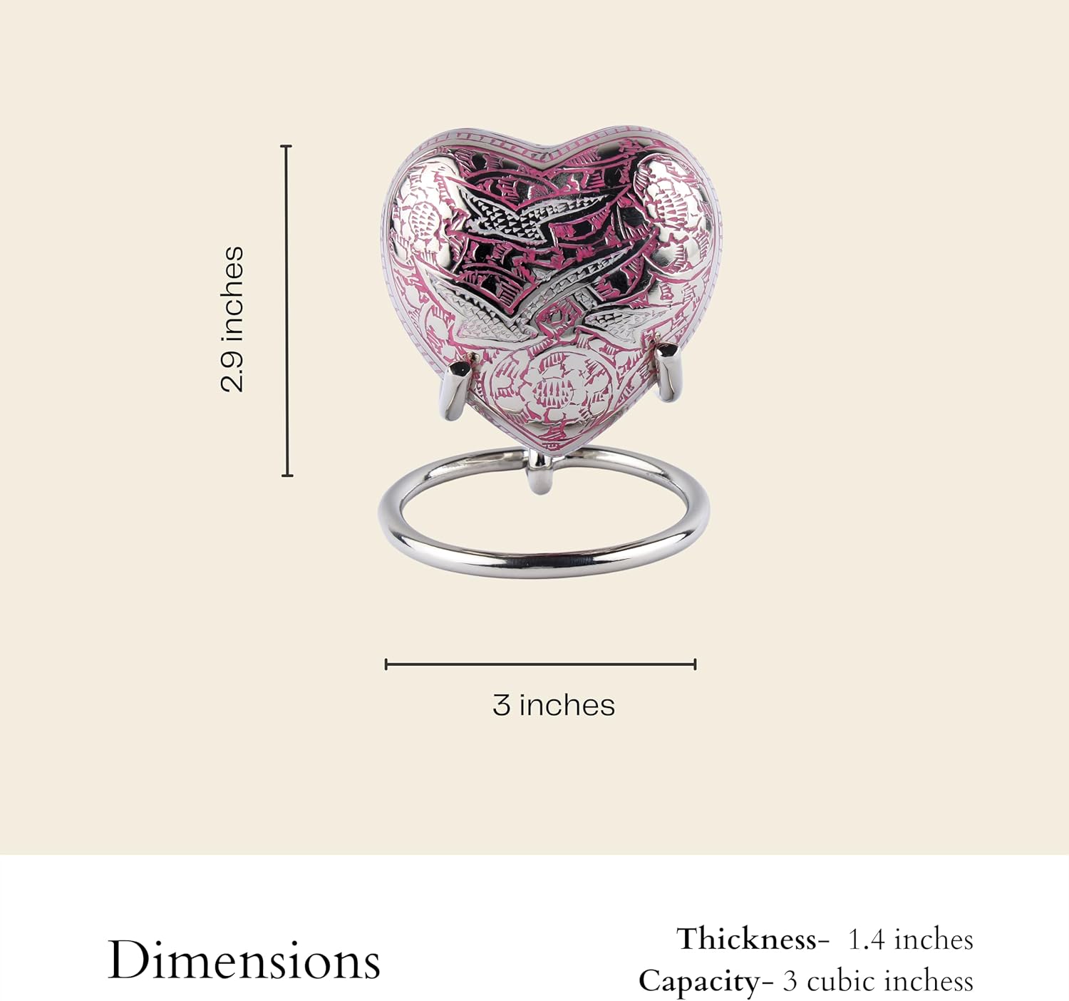 Heart Shaped Brass Small Urn for Human Ashes Keepsake with Engraved Birds – Mini Cremation Urn with Velvet Box & Brass Stand – Memorial Keepsake for Ashes of Adult Male, Female and Infant (Pink) - Image 3