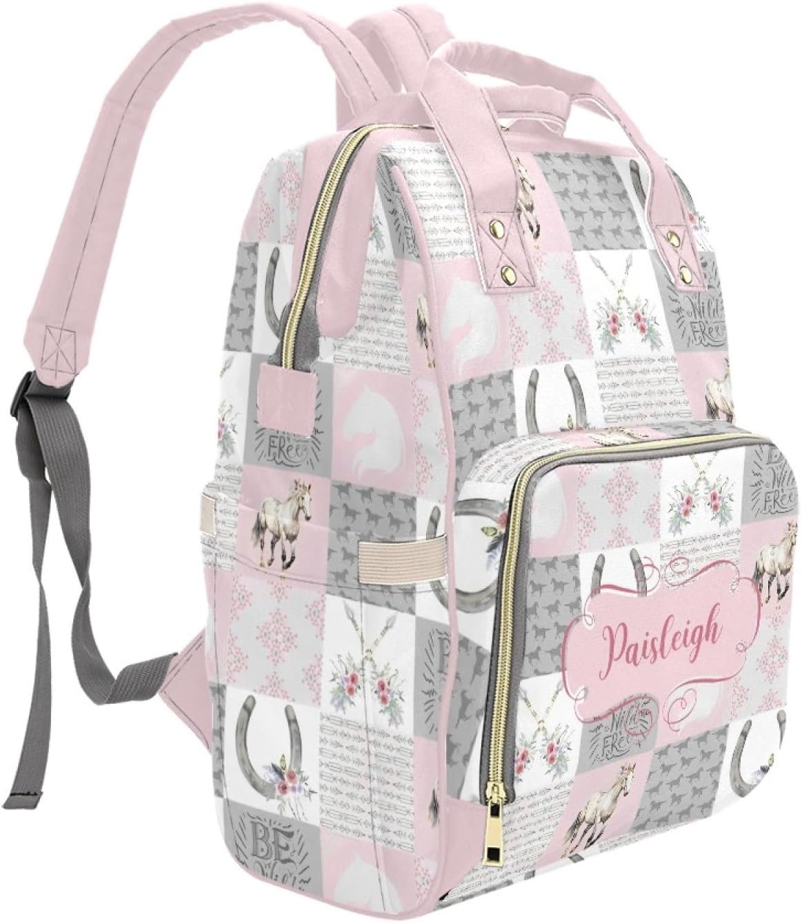 Horse Pink Personalized Diaper Bag with Custom Name – Custom Baby Tote Backpack for Mom, Unique Gift for New Parents, Baby Shower Essentials