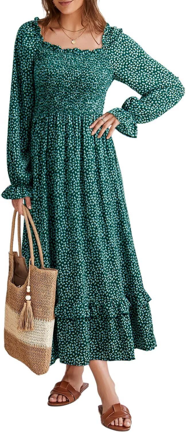 Dokotoo Boho Dresses for Women 2025 Casual Floral Square Neck Long Sleeve Smocked Elastic Waist Tiered Ruffle Hem Maxi Dress Large Green
