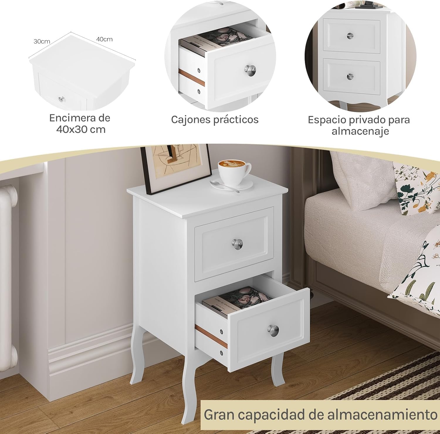 WOLTU Mesitas de Noche Mesilla Auxiliar Sofá Mueble con Espacio de Almacenamiento Mesa para Cama Café Dormitorio con 2 Cajones 40x30x60cm Blanco MDF TS119ws