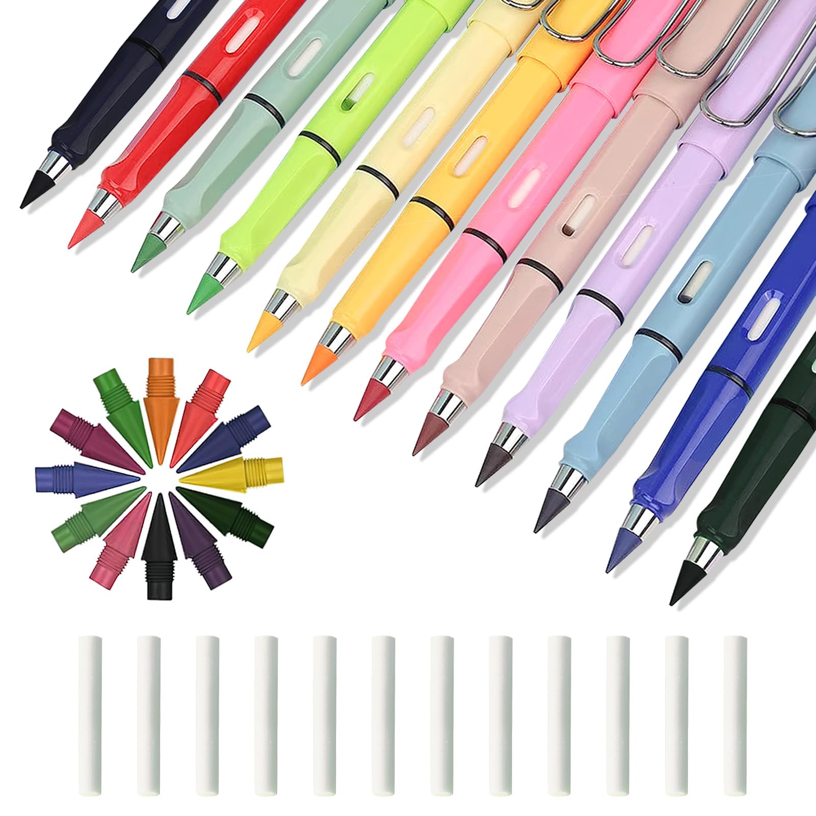 12 Stück Bunte Zauberbleistifte - Mit Radiergummi & 48 Ersatzminen