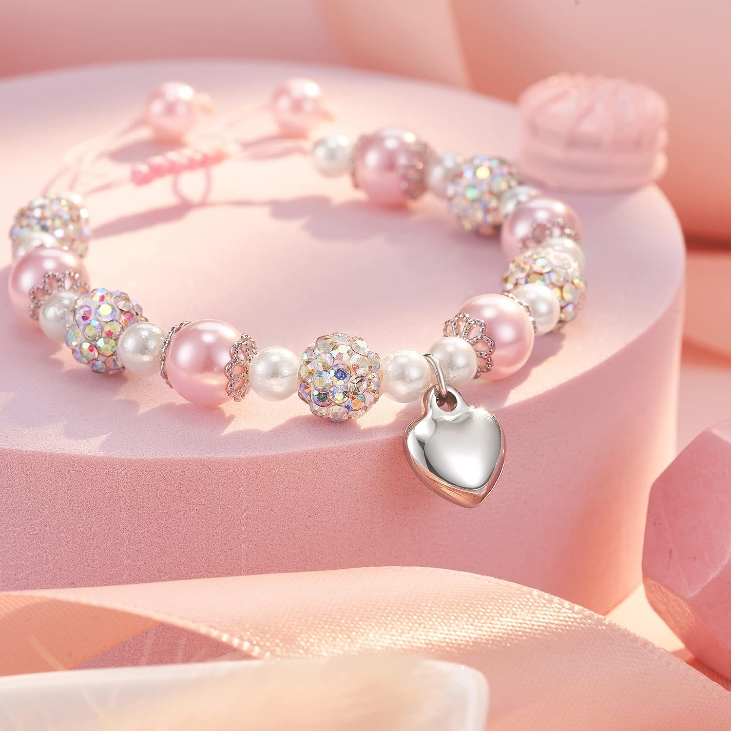 2026 Graduation Gifts | Heart Bracelet for Daughter/Granddaughter/Niece | Pink Pearl and Rhinestone Balls Bracelet | Adjustable Length from 4-10 inches