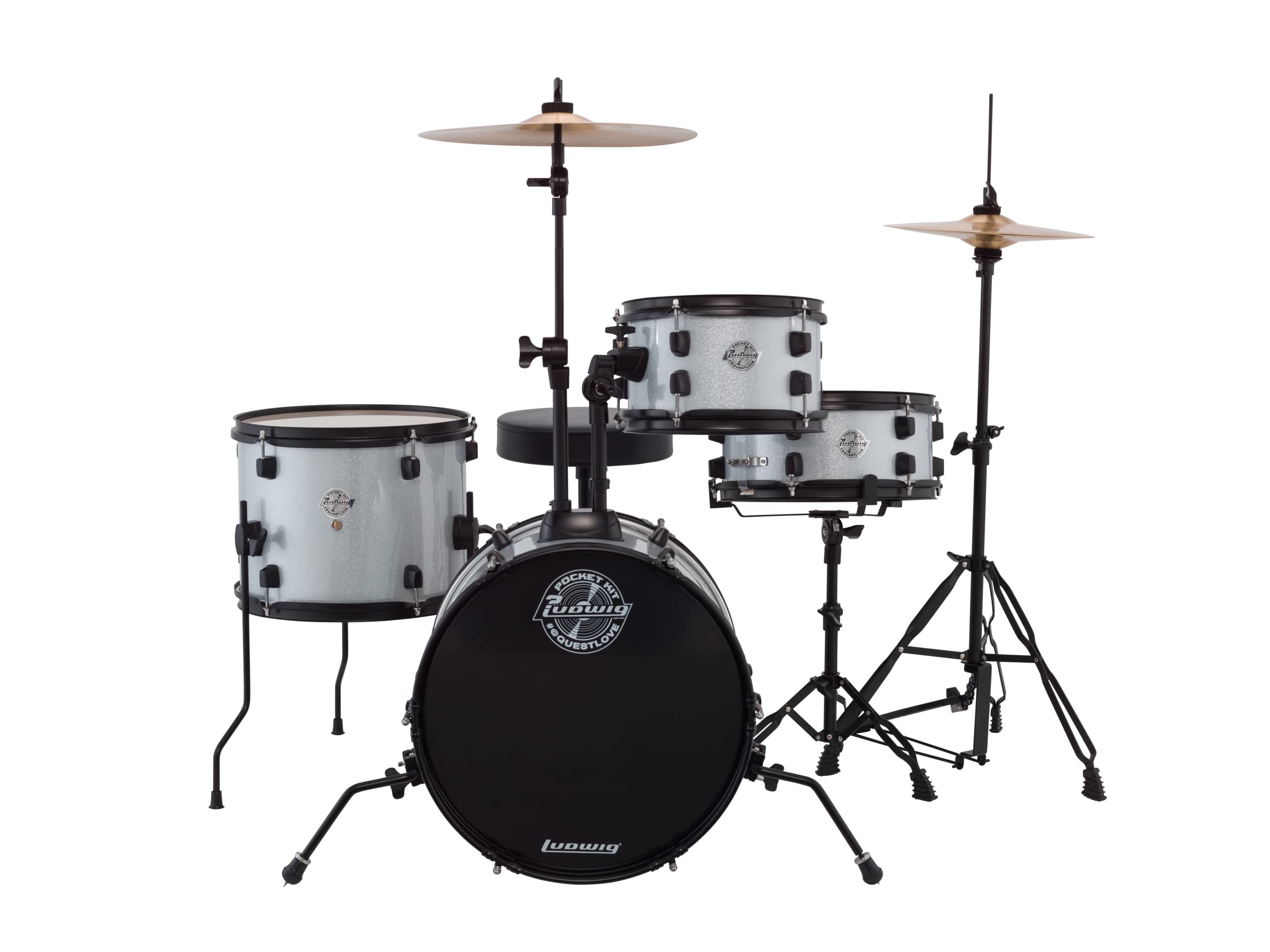 Ludwig Pocket Kit von Questlove | All-in-One-Schlagzeug für Einsteiger | Mit 4 Trommeln, Hi-Hats, Crash/Ride-Becken, Pedalen, Hocker und Drumsticks | Lackierung White Sparkle (LC178X029)