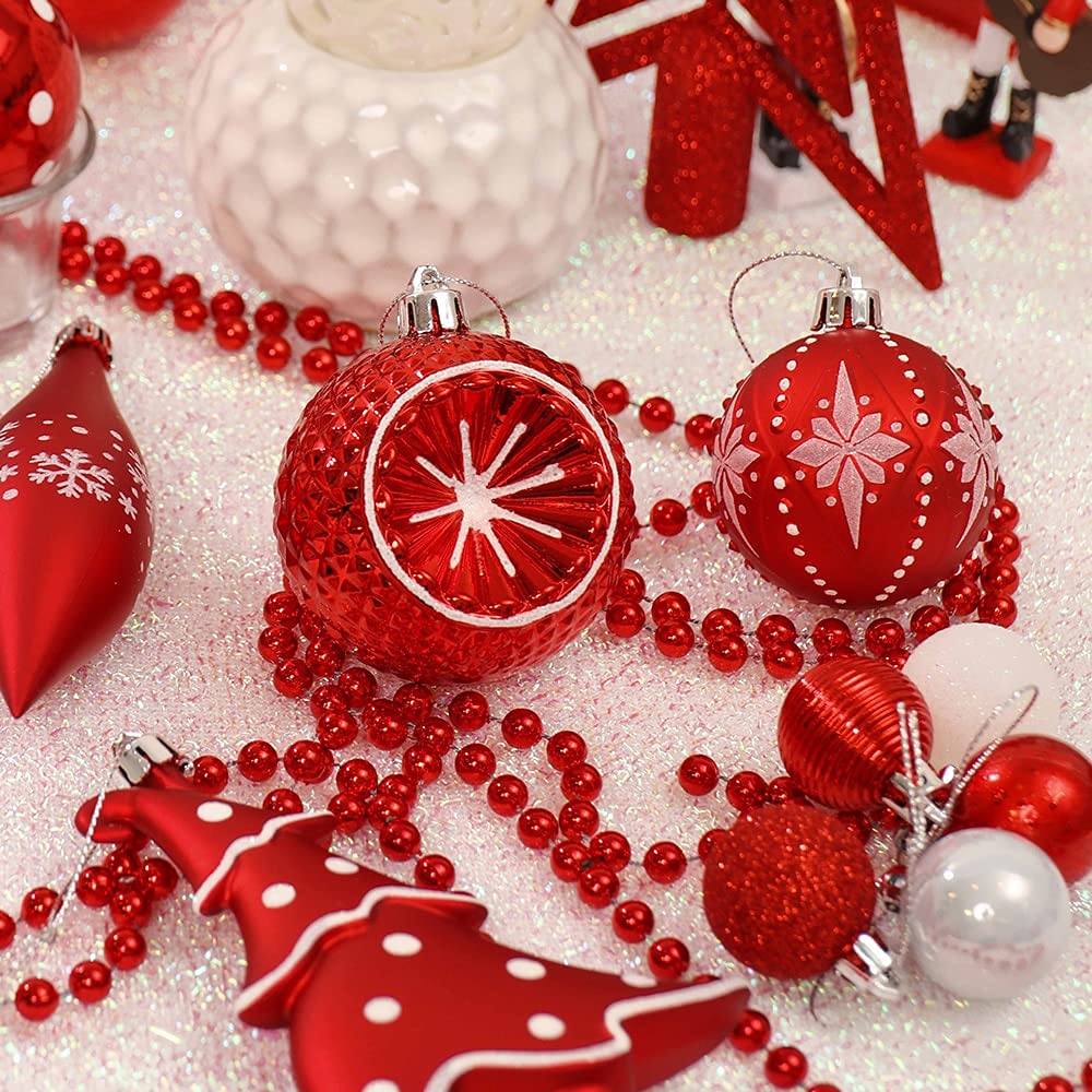 YUHINN Adornos Navidad 92Pack Bolas de Navidad Adornos Árbol de Navidad Rojo Blanco Glitter Estrella Estrella Topper Colgantes Colgantes Set for Decoración del Hogar Decoración Navideña