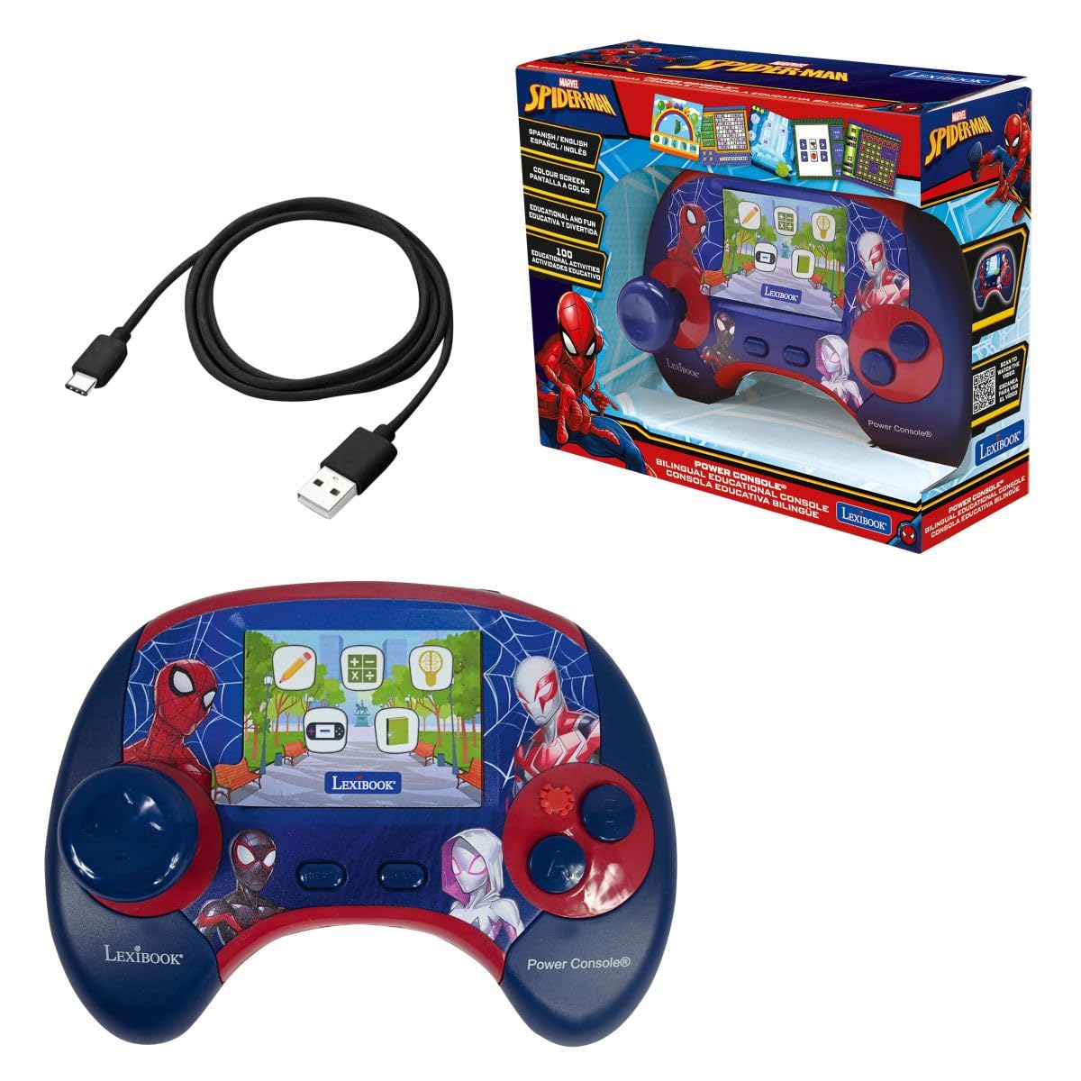 Lexibook, Spider-Man Consola Educativa Power Console, JCG100SPi2LXB | Español/Inglés, 100 actividades, consola de juegos educativa