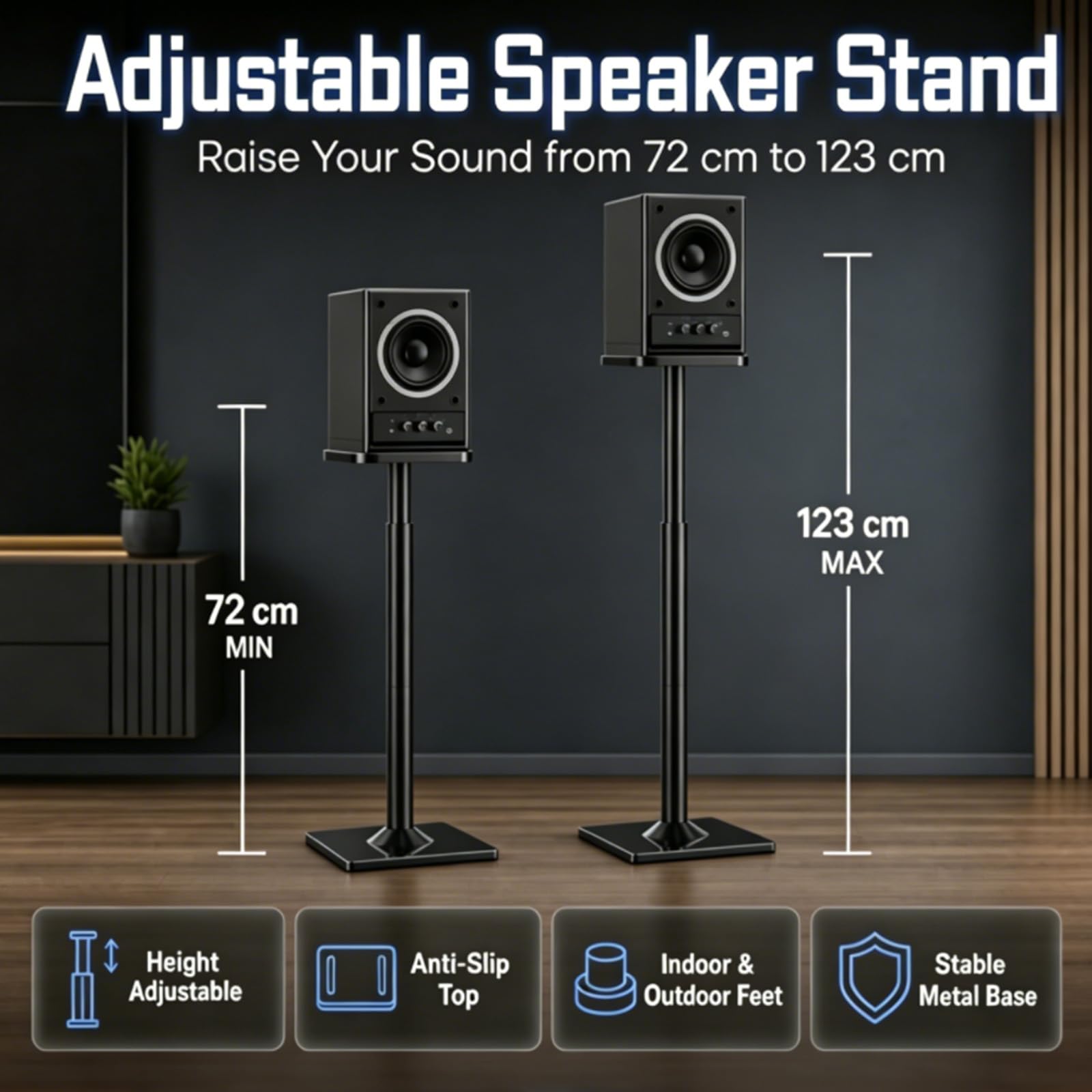Supporti per diffusori, set di 2 supporti da pavimento universali per diffusori surround, regolabili in altezza da 72 a 120 cm, portata di 25 kg ciascuno, sistema di gestione dei cavi, antiscivolo
