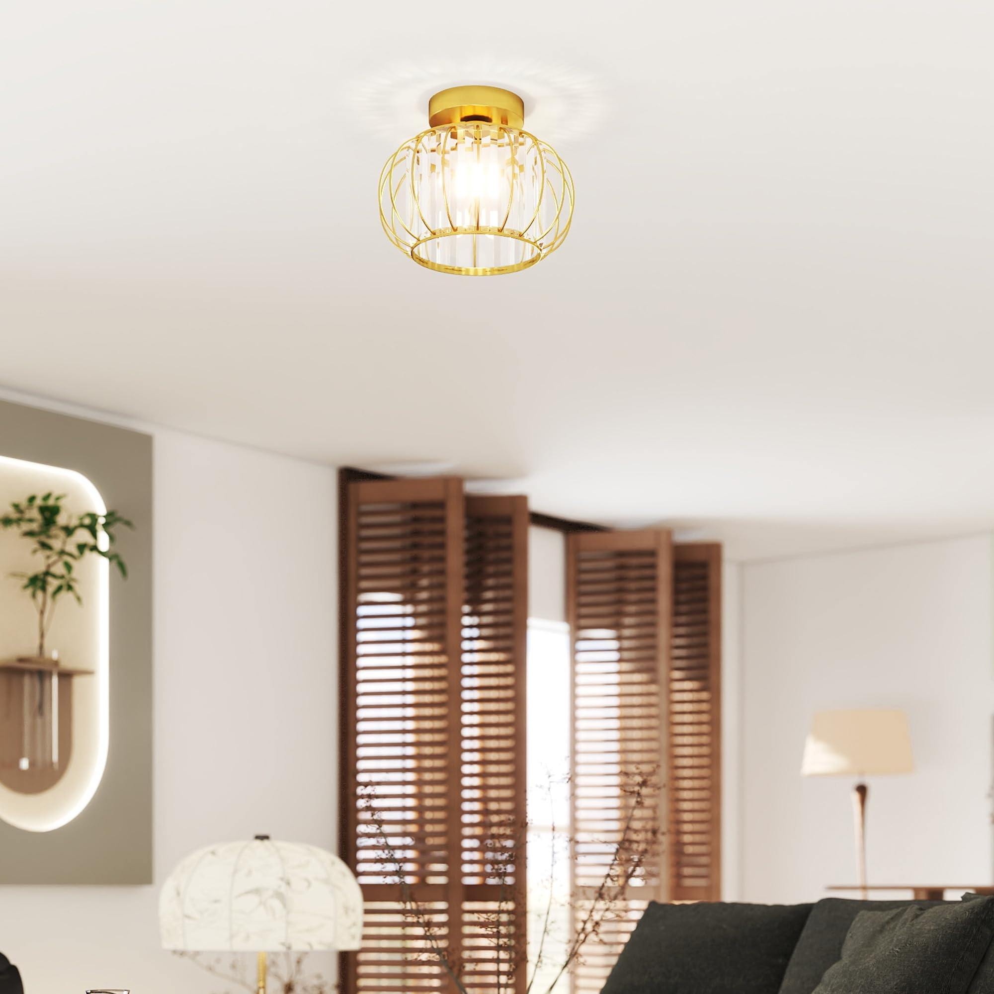 HOMCOM Plafoniera LED Moderna a Gabbia con 18 Cristalli Ø27x19 cm Oro | Minimal, Lampadario LED in Metallo, Camera da Letto