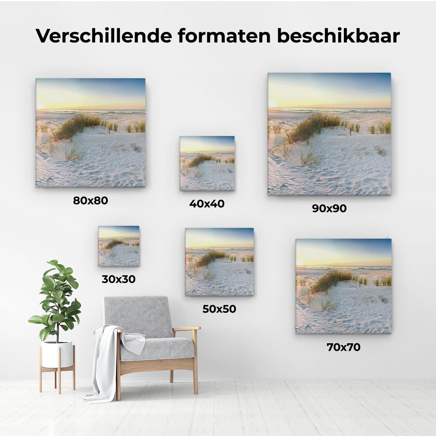 Artaza Leinwand Bilder Strand - 50x50 cm - Wanddeko Meer - Wandbilder Sonnenuntergang - Deko Dünen