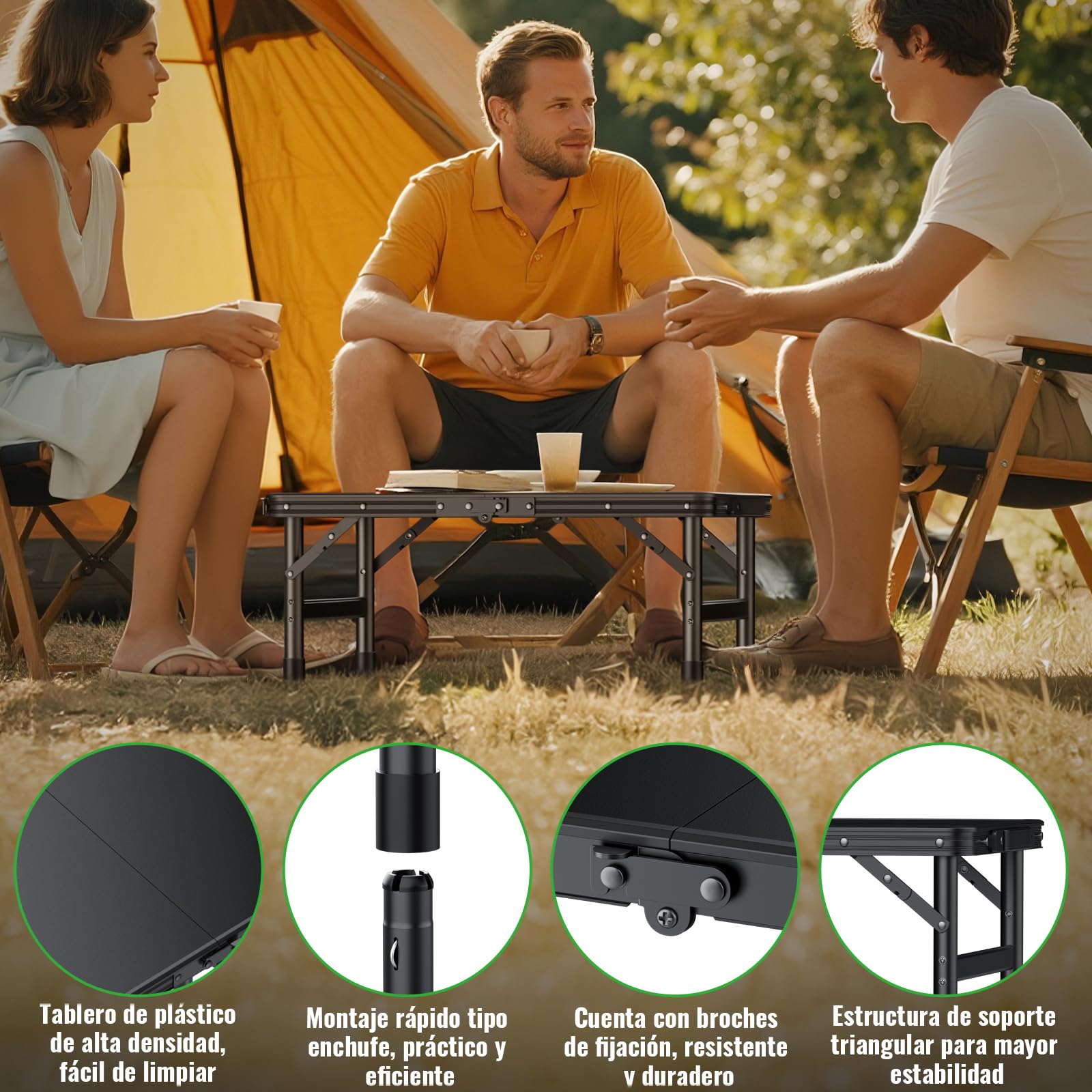 GARLLEN Mesa Plegable de Camping, ABS y Aleación de Aluminio, 58x40 cm, 3 Alturas Ajustables, Ligera y Compacta, para Barbacoa, Picnic y Trabajo
