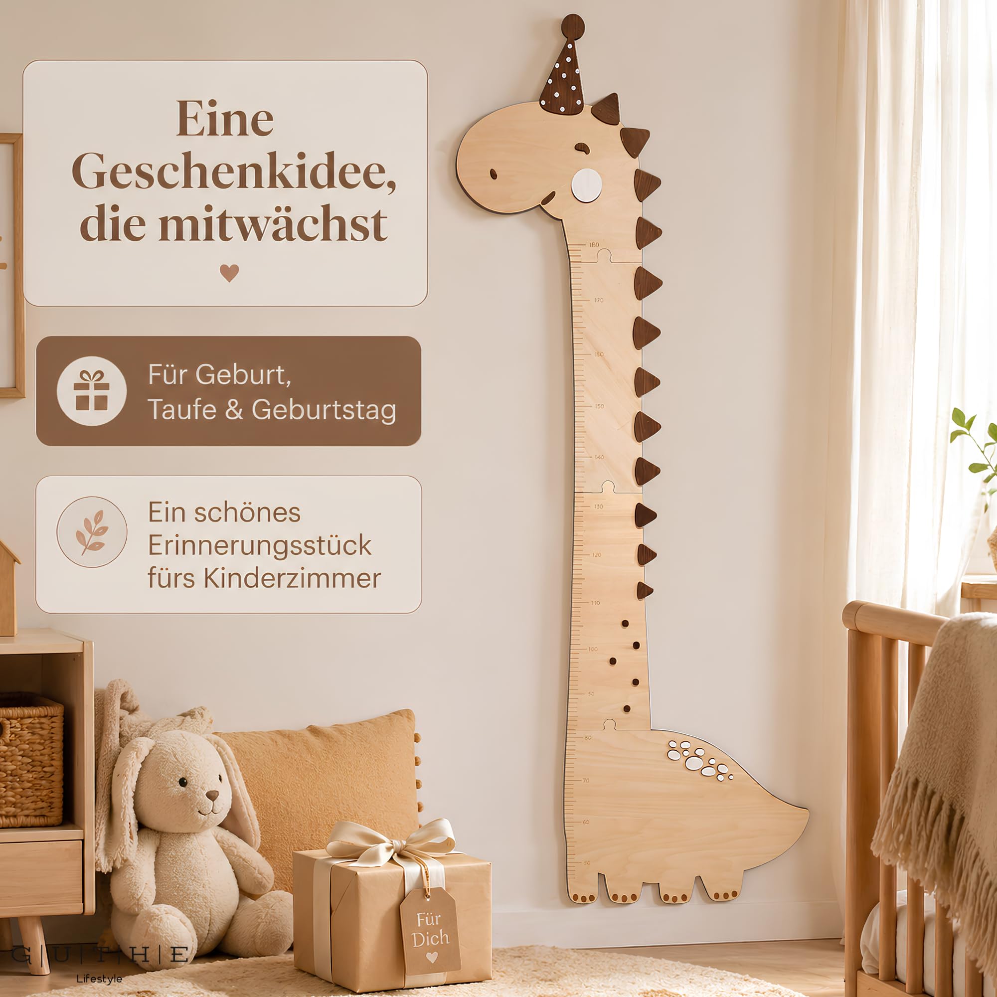 Messlatte Kinder Holz Dino – Kindermesslatte für Baby & Kleinkinderzimmer – Messlatte Kinderzimmer Wanddeko Dinosaurier – Kinder Messlatte Holz für Körpergröße & Babyzimmer Deko