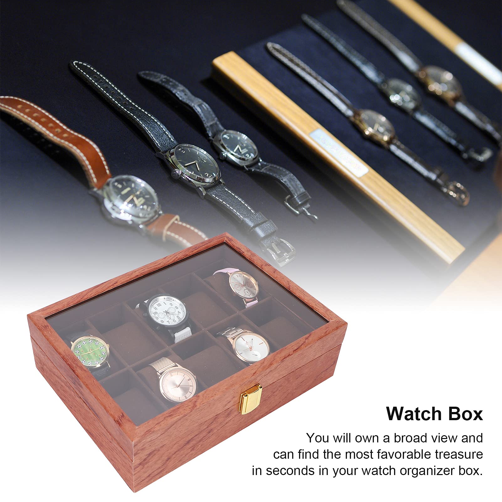 ZJchao Caja de Reloj de 10 Ranuras para Hombres y Mujeres, Caja de visualización de Relojes de Madera, Almohada Suave, Organizador de Relojes, Caja de Almacenamiento de Relojes con Tapa de Vidrio