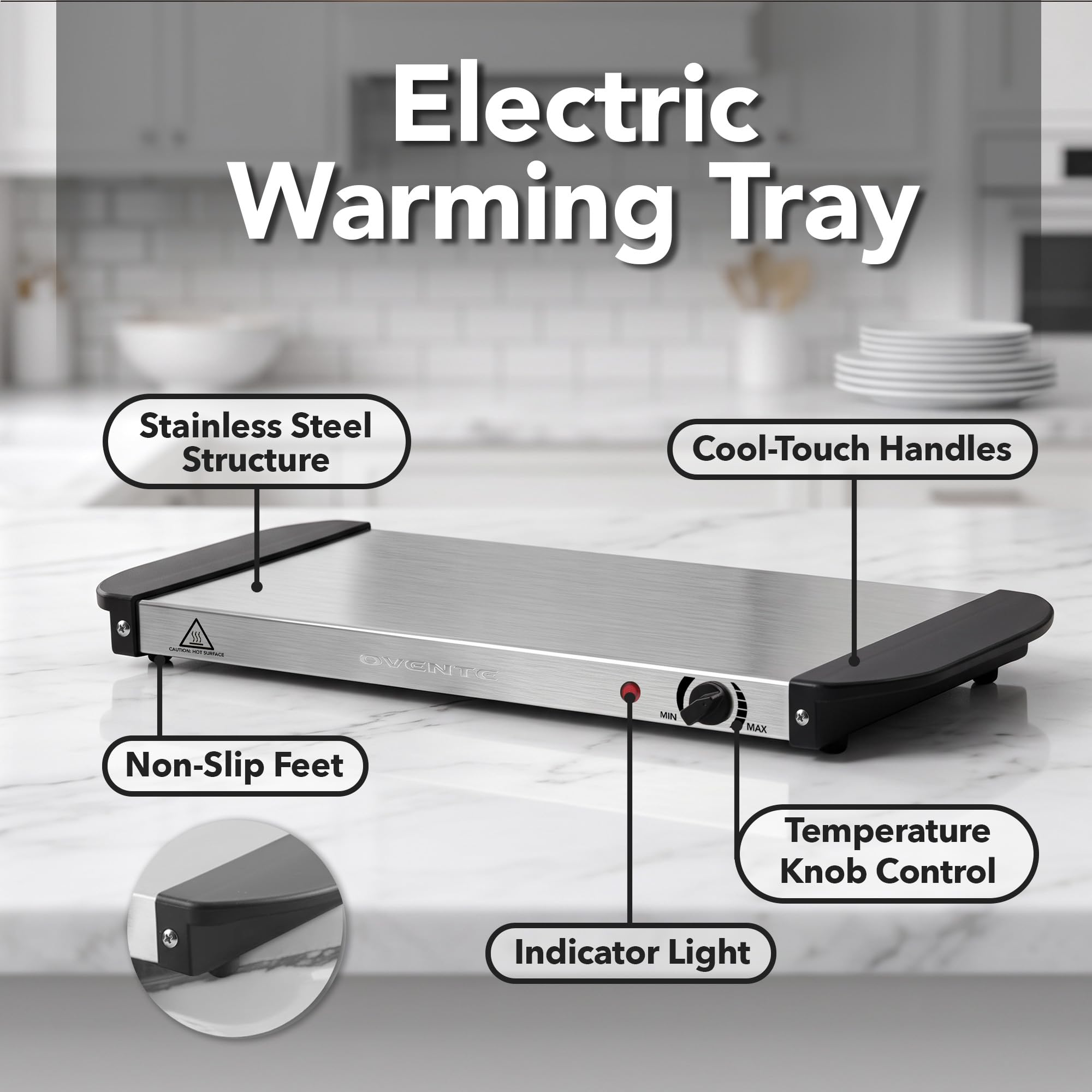 OVENTE Electric Warming Tray, Adjustable from 90°F to 284°F, Silver FW170S — Amazon image 3