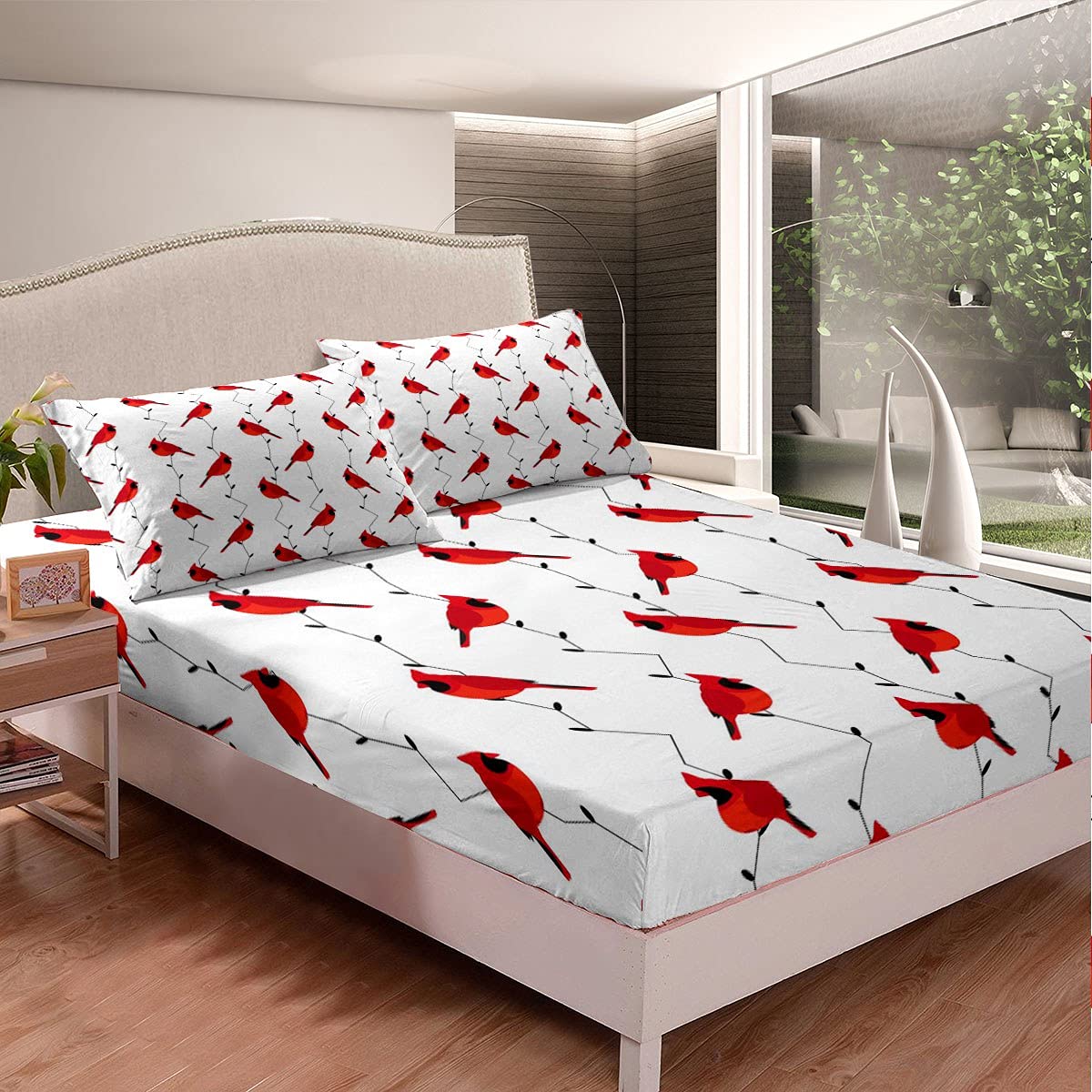 Kids Cute Bird Bed Sheet Set for Girls Boys Children Red Birds Cardinals Bedding Set Decor Black Tree Branches Fitted Sheet & Pillow Sham Set Farmhouse Country Bed Cover No Flat Sheet Full Size 3Pcs