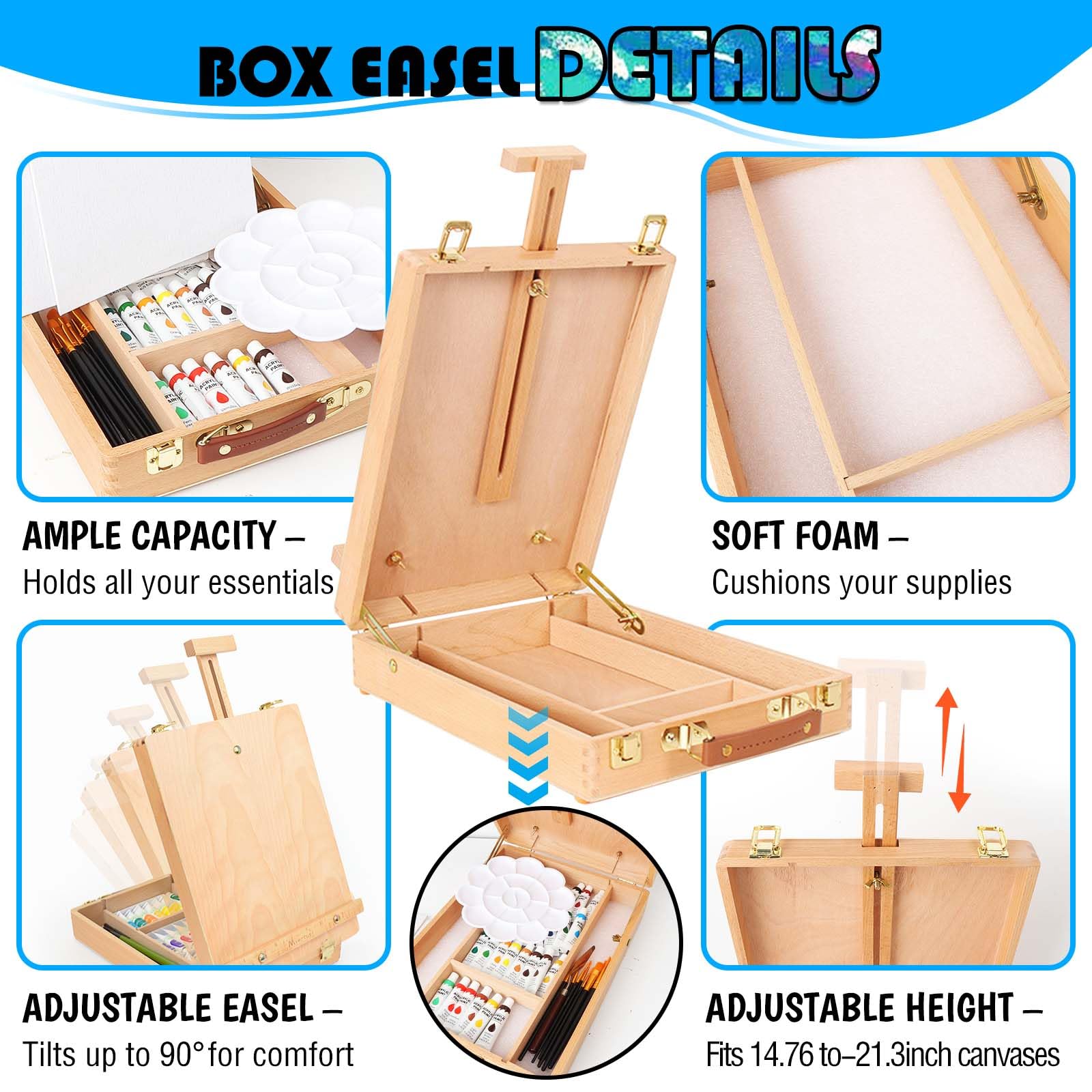 Juego de caja de caballete de arte de mesa, kit de pintura de 26 piezas para artistas adultos y principiantes, soporte de caballete con 12 pinturas acrílicas, 12 hojas de almohadilla acrílica,