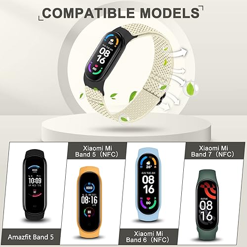 Miniatura 9 de TumpCez Paquete de 5 correas de nailon Solo Loop compatibles con Xiaomi Mi Band 7 6 5 4 3Amazfit Band 5 correas, ajustable, transpirable, cómoda,