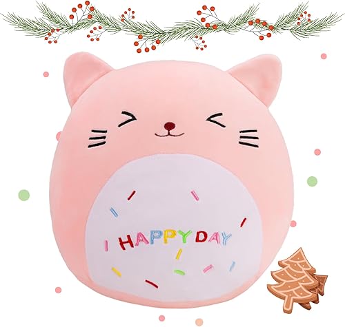 Cexsilicon Almohada de peluche de gato de 11 pulgadas, lindo juguete de peluche de gato, suave juguete de peluche de gato rosa Kawaii para niñas,