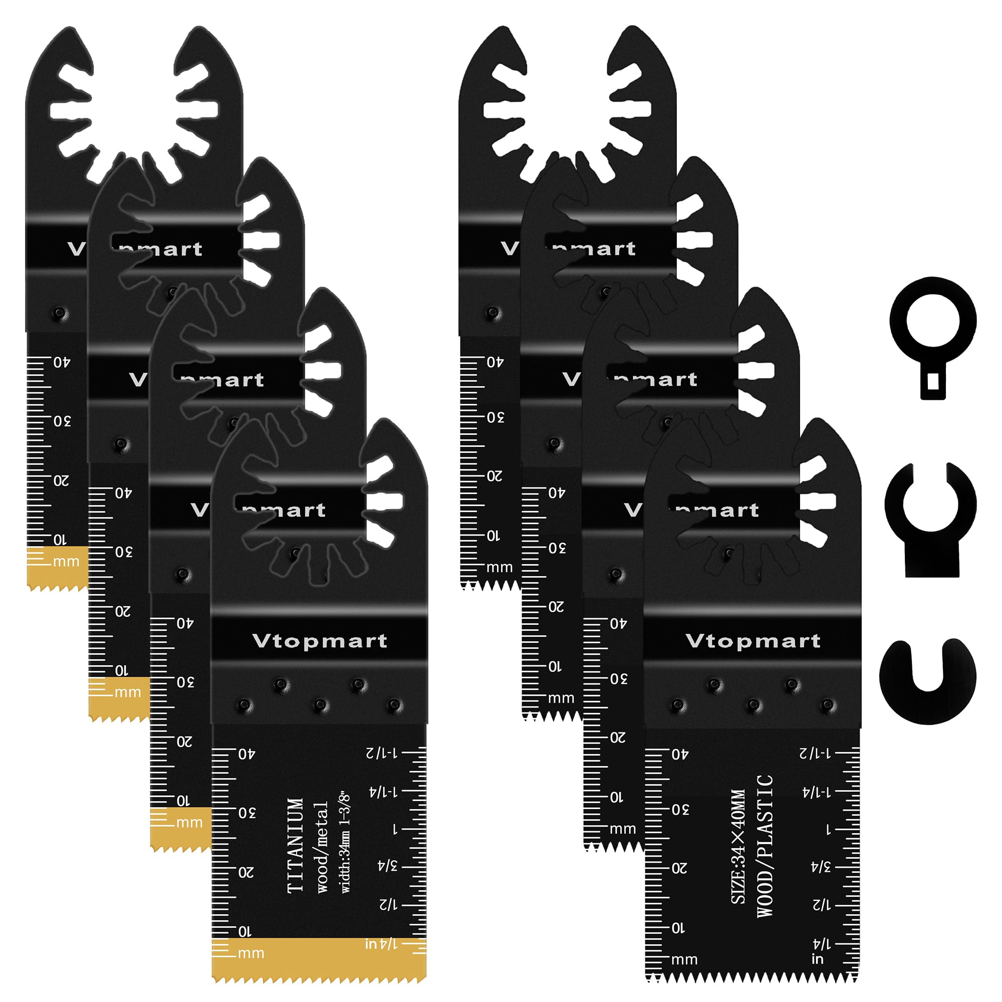 Vtopmart 8 Pcs Oscillating Saw Blades Set, High Carbon Steel & Titanium Coated, for Wood, Plastic, Soft Metal & Nails, Universal Fit for Fein Bosch Makita Milwaukee DeWalt and More