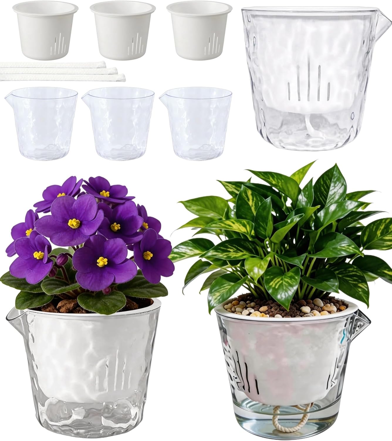 11 Inch Self Watering Plant Pots for Indoor Plants, 4 Packs rectangle planter with Drainage Tray and Rope, Window Boxes Planters for Indoor Outdoor Garden Plants, African Violet, Herbs, Succulents