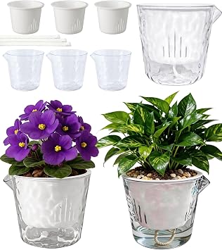 3-Pack Clear Self Watering Plant Pots, 5 Inch Clear Flower Pots with Drainage Holes, Tray and Rope, Plastic Self Watering Planters for Indoor Outdoor Garden Plants, African Violet, Herbs