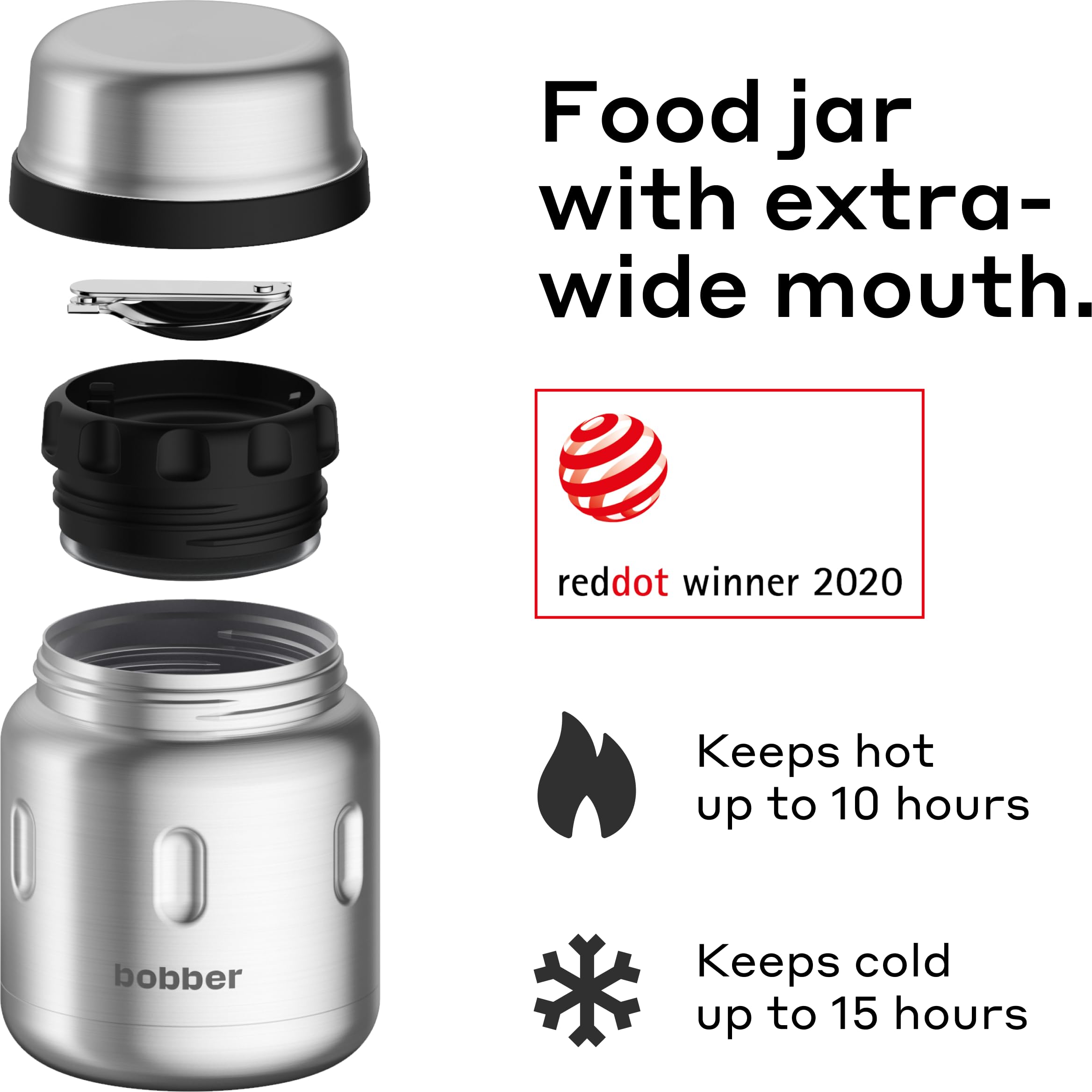 BOBBER 453.6 g Isoliertes Edelstahl-Thermoglas mit breiter Öffnung, integriertem Löffel und Schüsseldeckel - perfekt für heiße Speisen, hält Suppen 10 Stunden heiß, 15 Stunden kalt (matt)