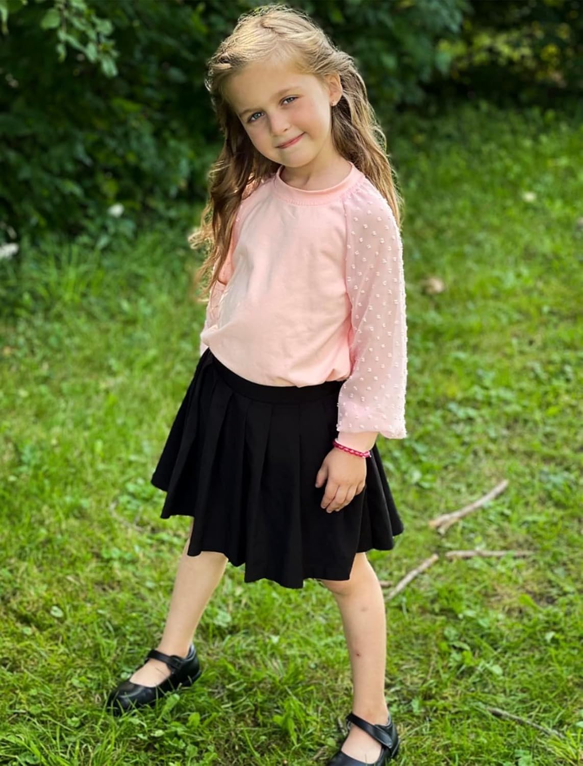 Yekaty Girls Shirts Casual Solid Color Crewneck Blouses Soft Long Sleeve Swiss Dots Chiffon Tops - Image 4