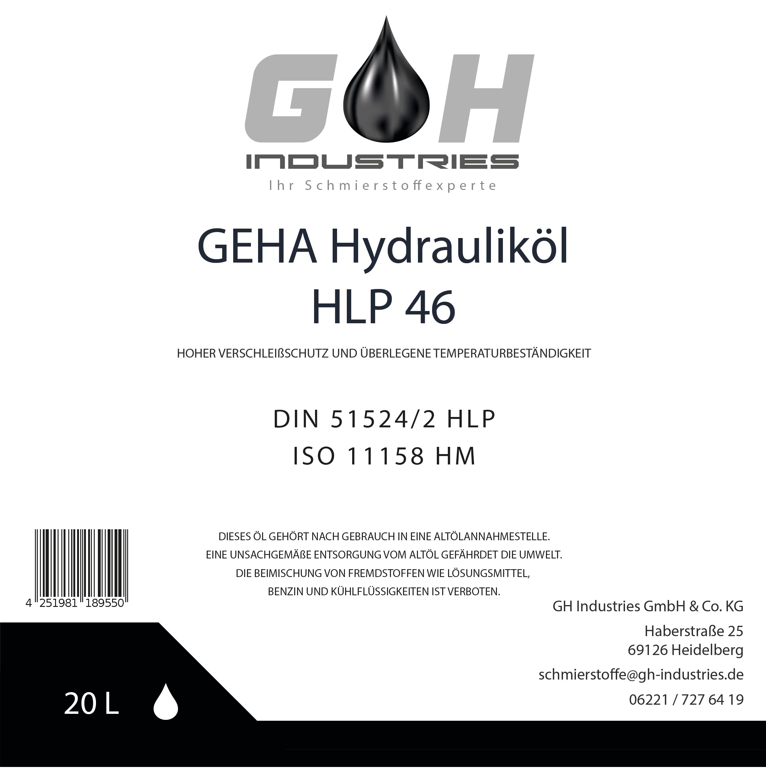 20 L Hydrauliköl HLP 46 ISO VG 46 nach DIN 51524/2 ISO 11158 HM Kanister 20 Liter