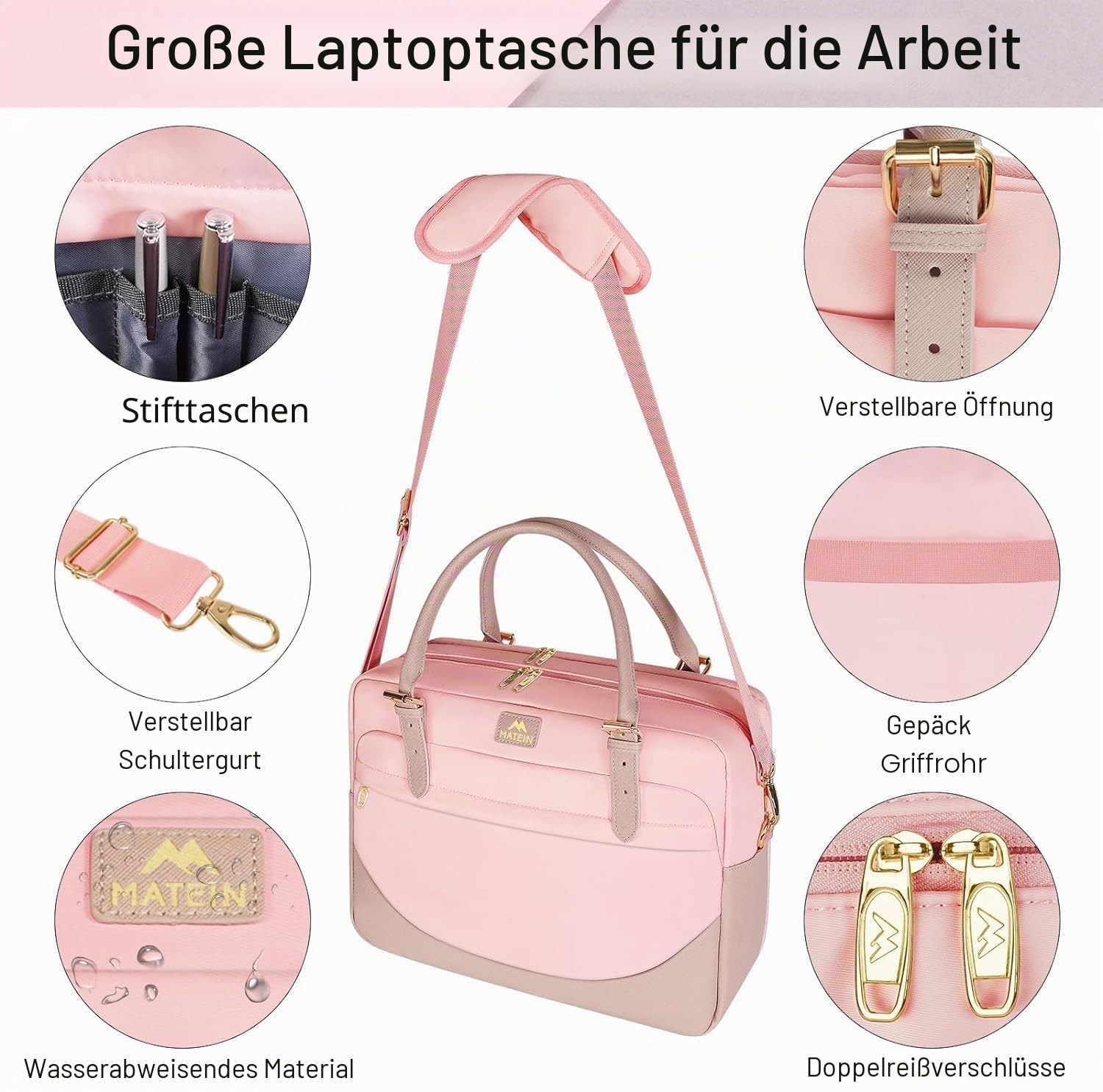 MATEIN Handtasche Damen Groß, Laptoptasche 17,3 Zoll Arbeitstasche mit Vielen Fächern Messenger Bag Businesstasche Frau Aktentasche Bürotasche Pink Laptop Bag Umhängetasche für Schule, Reisen, Rosa