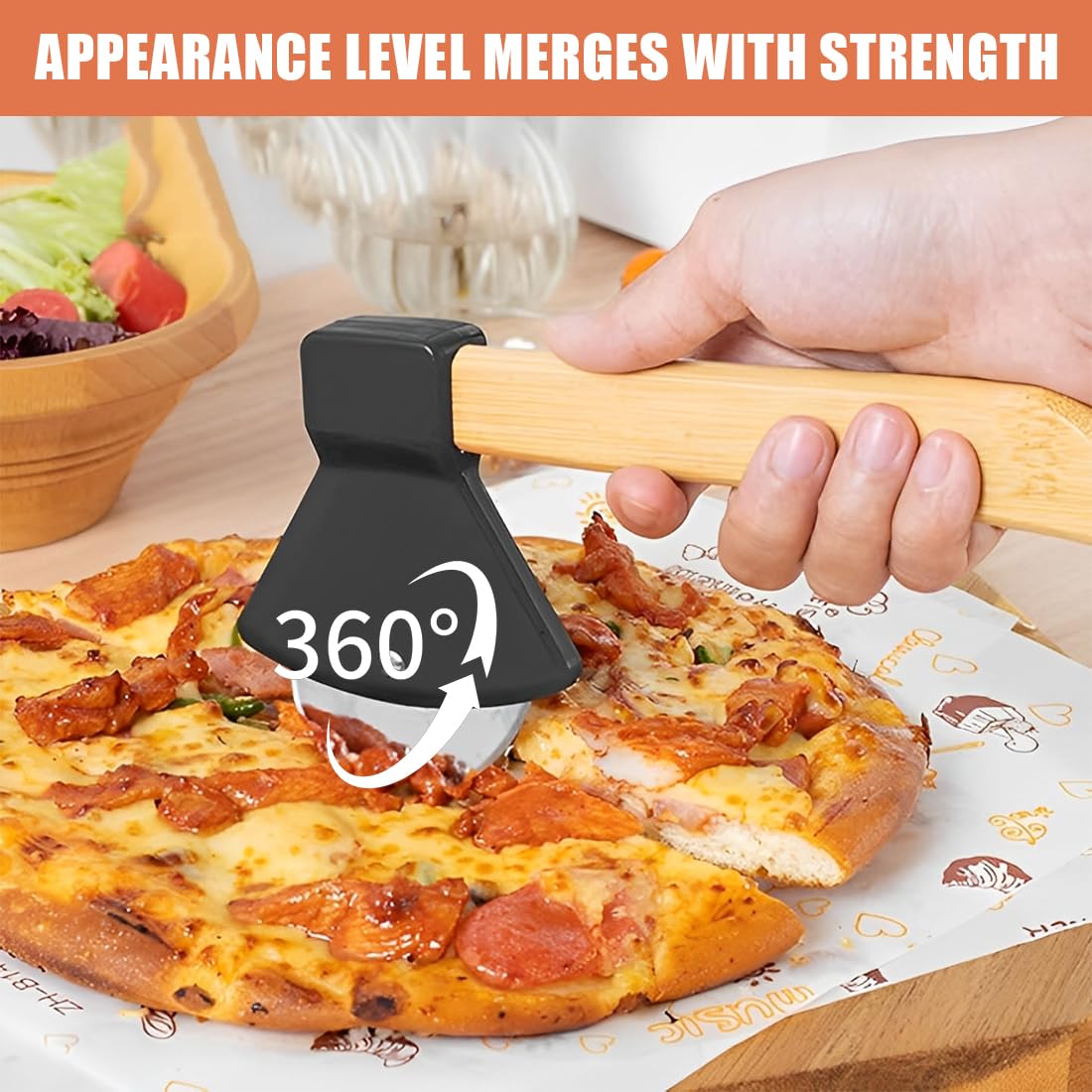 Hacha Cortador de Pizza,Corta Pizzas de Acero Inoxidable con Mango de Roble,Accesorios Cocina con Protección Anticortes,Súper Afilada y Duradera Ideal para Pizza,Pasteles (Negro)