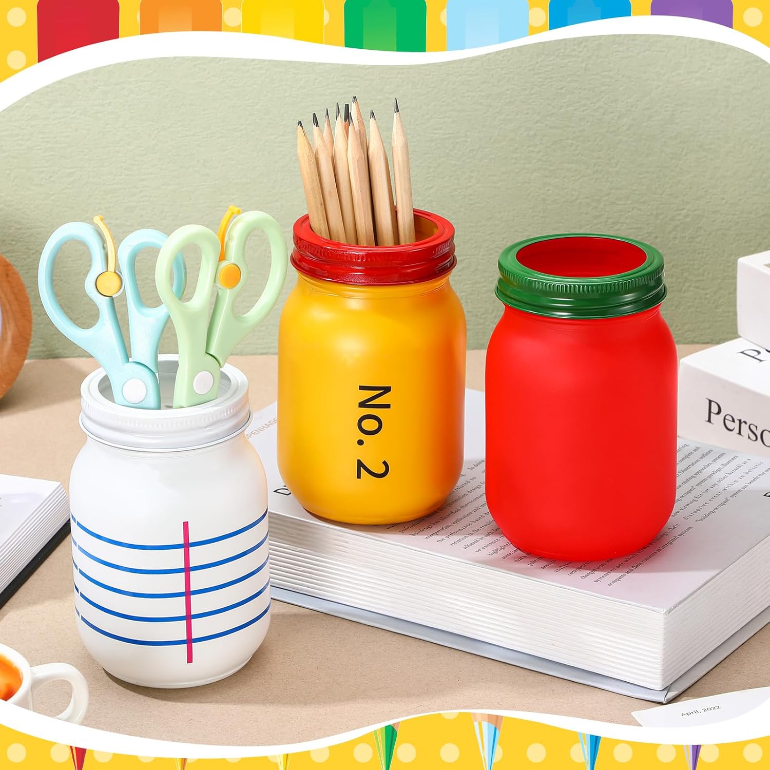 Nuogo 3 Pcs Teacher Pencil Holder for Classroom Teacher Appreciation Gifts Glass Mason Jar Pencil Organizer Cute Desk Pen Storage Organizer Apple and Book Style for Back to School Student Office Gift