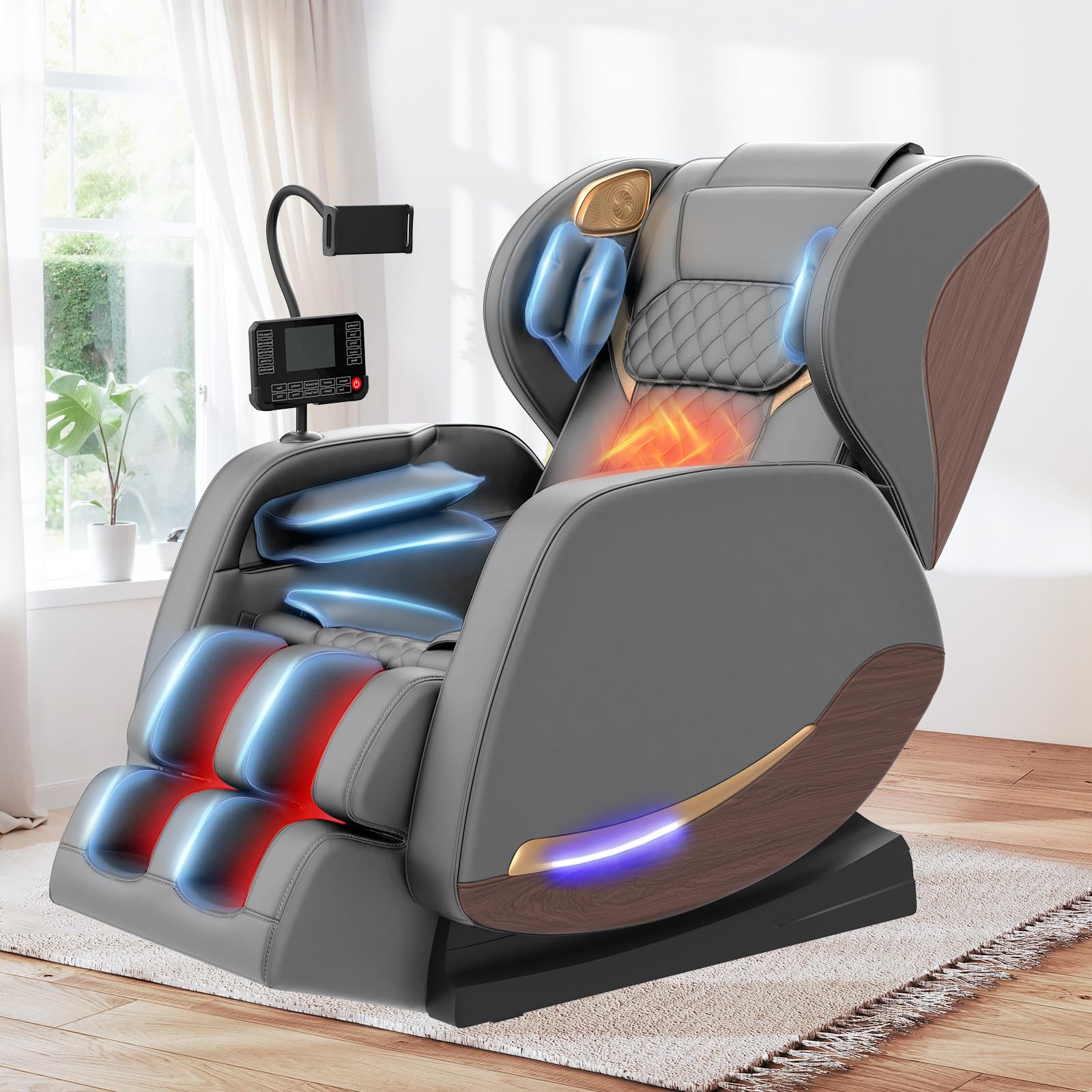Ganzkörper Massagesessel mit 14 Massagerollen, 8 Airbags, Massagesessel mit Wärmefunktion-Beine und Taillenheizung, Bluetooth-Lautsprecher, Touchscreen-Controller, Zero-Gravity-Liegestuhl für Heimkino