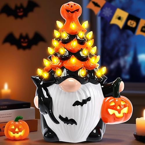 Aclema Ceramic Gnomes Halloween Tree, 8.5" Prelit Ceramic Gnomes Tree with Pumpkin and Blackcat, Vintage Halloween Decor for Home Living Room Coffee Table Decorations