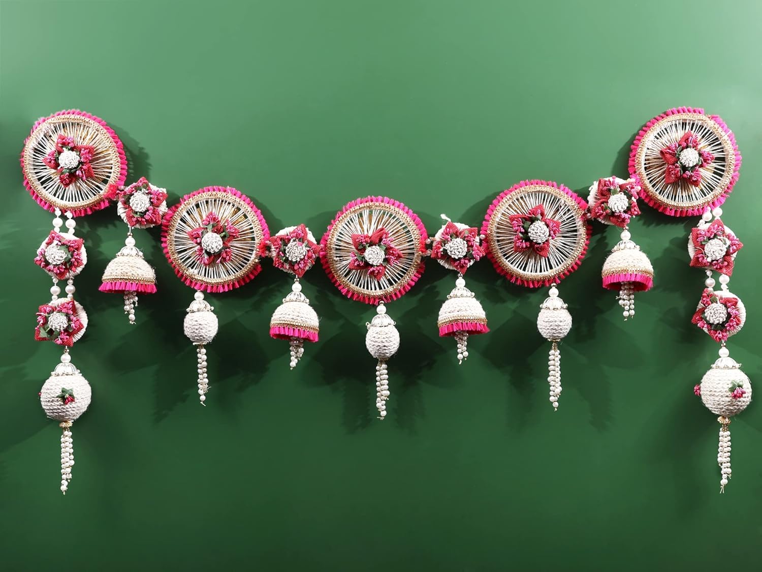 Exotic India Fuschia-Cream Floral Door Decor Toran With Beads And Tassels - Jute