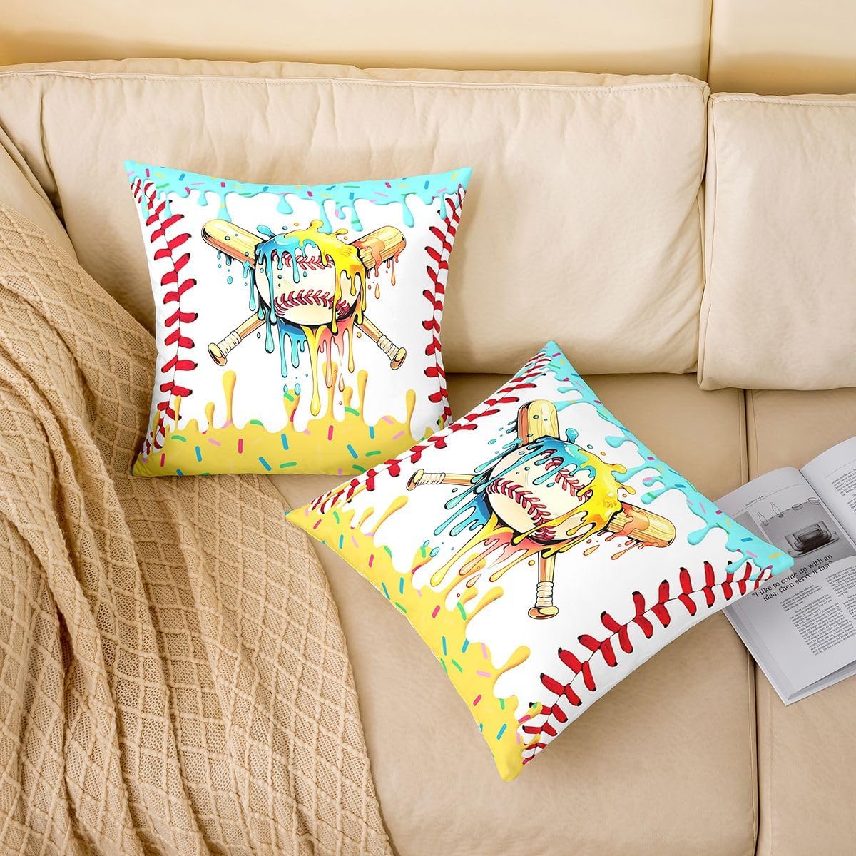 Erosebridal Yellow Blue Ice Cream Drip Throw Pillow Covers 20x20 Set of 2 Ice Cream Baseball Pillow Covers Baseball Sports Gaming Cushion Cover Cute Sweet Candy Dessert Pillowcases for Couch Sofa image 2