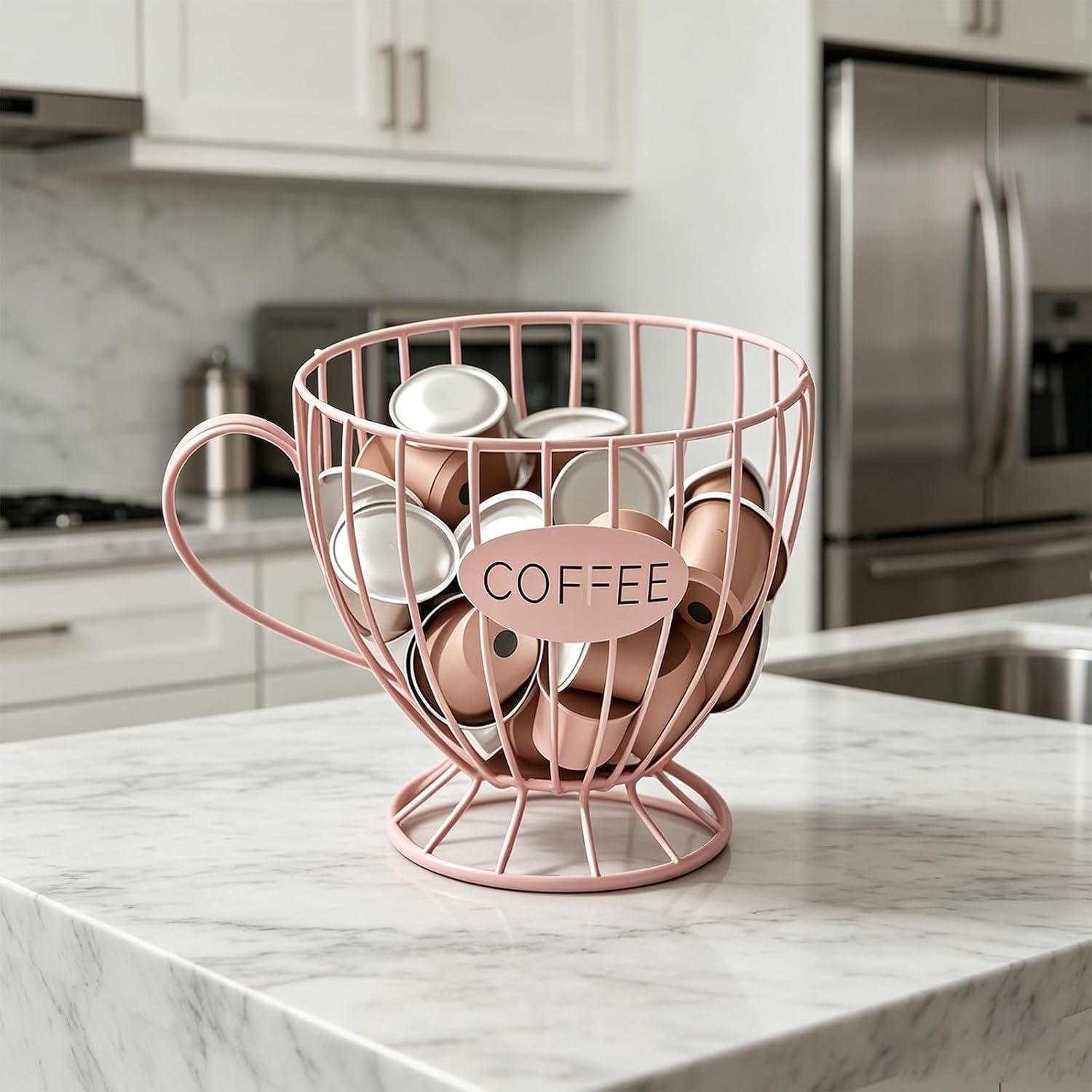Pink Coffee Pod Holder, Cute Cup Shape Metal K Cup Holder with COFFEE Letter, Large Capacity Coffee Capsule Storage Basket for Countertop, Decorative Coffee Bar Organizer for Kitchen & Office