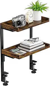 Clamp On Desk Shelf 2-Tier, 12.5-inch Wooden Shelving Unit for Office Desk and Gaming Accessories, Brown