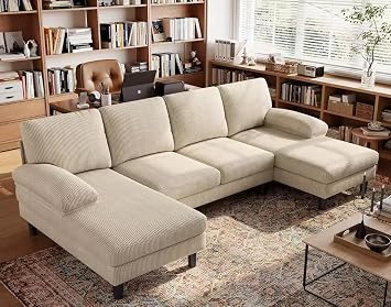 Corduroy U Shaped Sofa with Sleepable Armrests 4 Seat Couch with Chaises Deep for Living Room