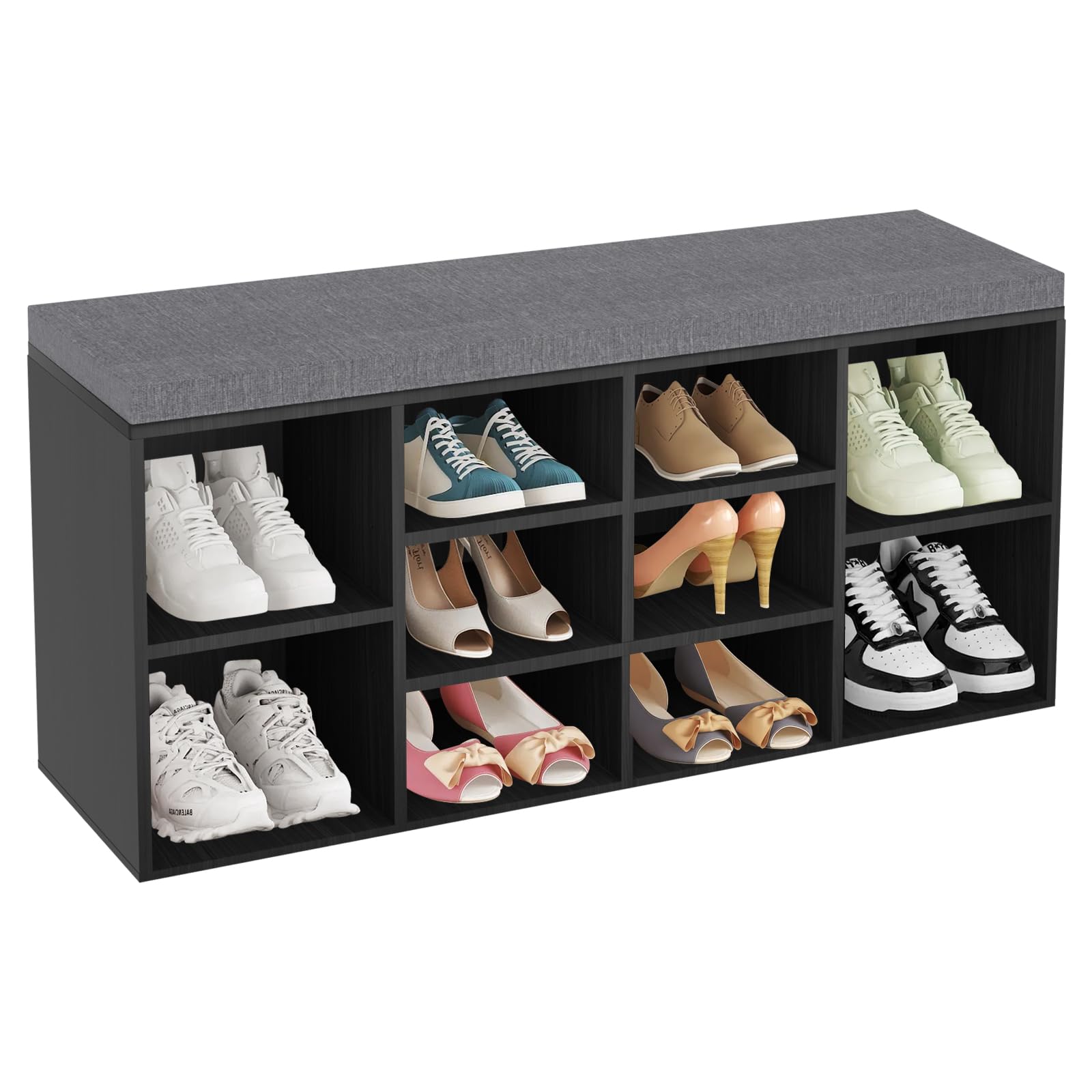 Lynkloft Shoe Storage Bench with Cushion, Cubby Shoe Rack with 10 Cubbies, Adjustable Shelves, Multifunctional Shoe Organizer Bench for Entryway,