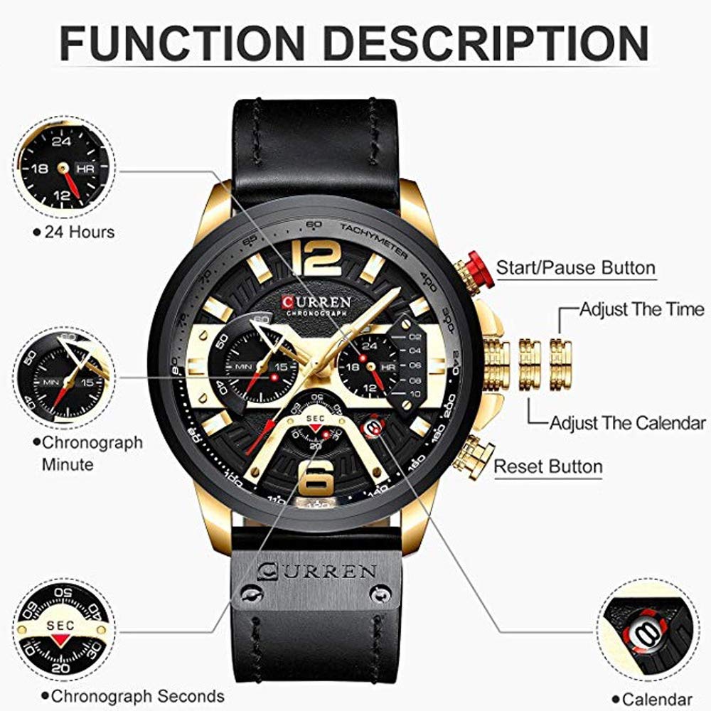 CURREN Herren-Armbanduhr, Quarz, Leder, Chronograph, Armbanduhr und modisches Armband, analoge Uhren für Herren, luxuriöse Armbanduhr, Geschenke für Vater, Freund, Gold, Quarzuhr, Chronograph